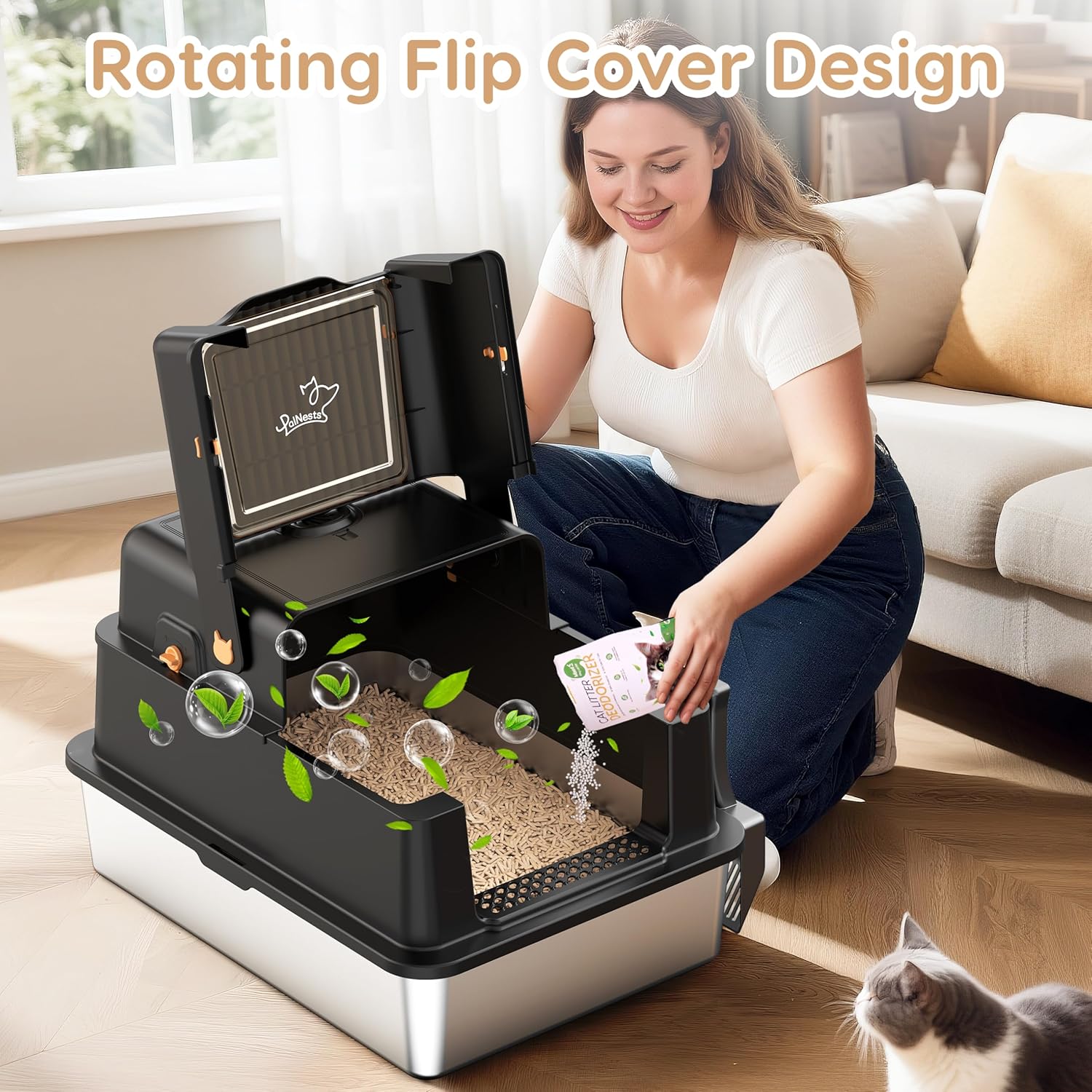 Detalle 2 de Stainless Steel Cat Litter Tray with 105° Flip Lid — PalNest XXXL Extra Large Enclosed Box for Large Cats