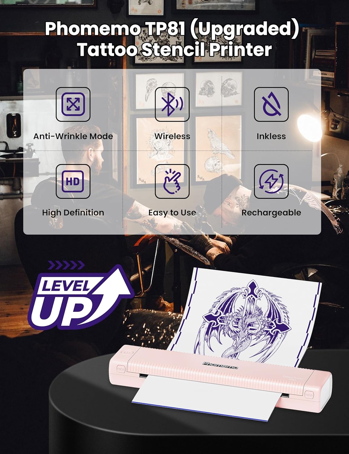 Thumbnail 1 de Phomemo TP81 Tattoo Printer (Stencil Printer) with 10 Tattoo Stencils Papers – Thermal Thermal Printer for Home or Studio, Pink