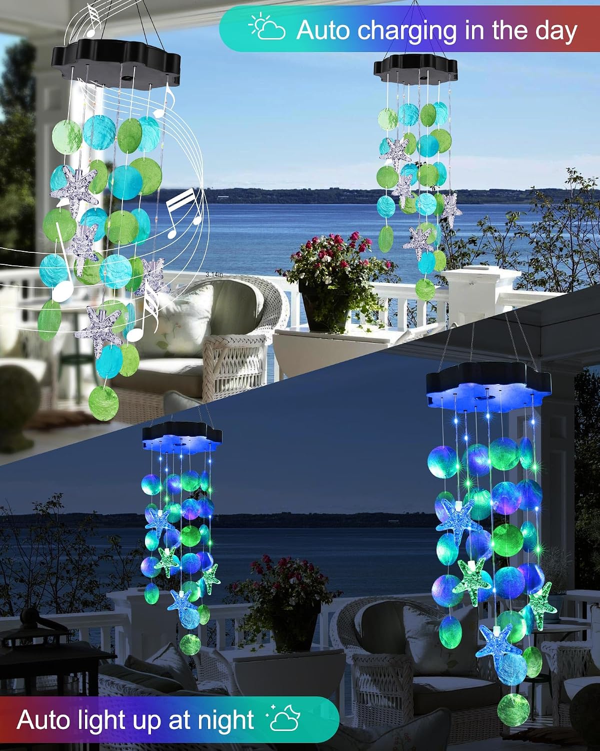 Thumbnail 5 de Toodour S18-WC04 Solar Shell Wind Chime, Blue & Green, 2 Lighting Modes