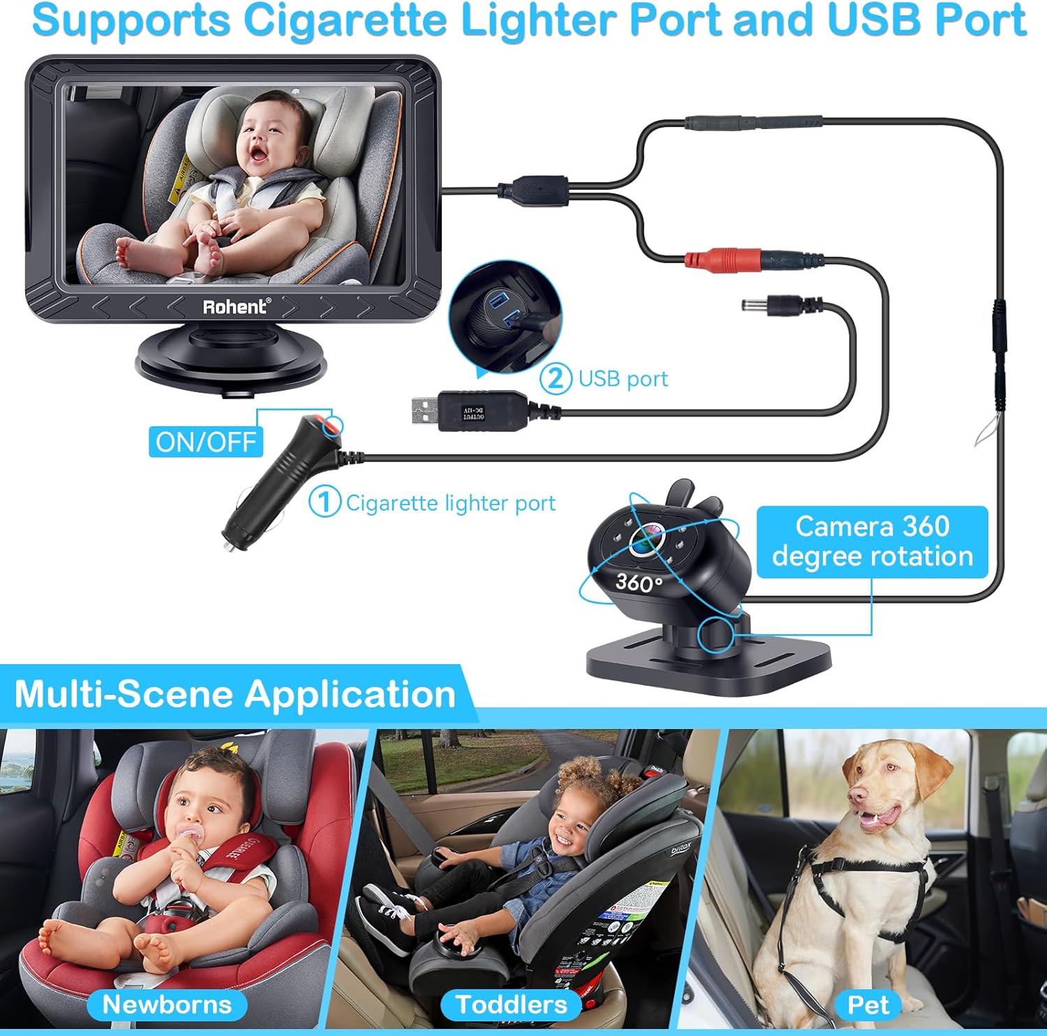 Thumbnail 6 de Rohent Baby Car Camera 5-inch HD 1080P monitor with night vision (USB powered, rear & forward-facing)
