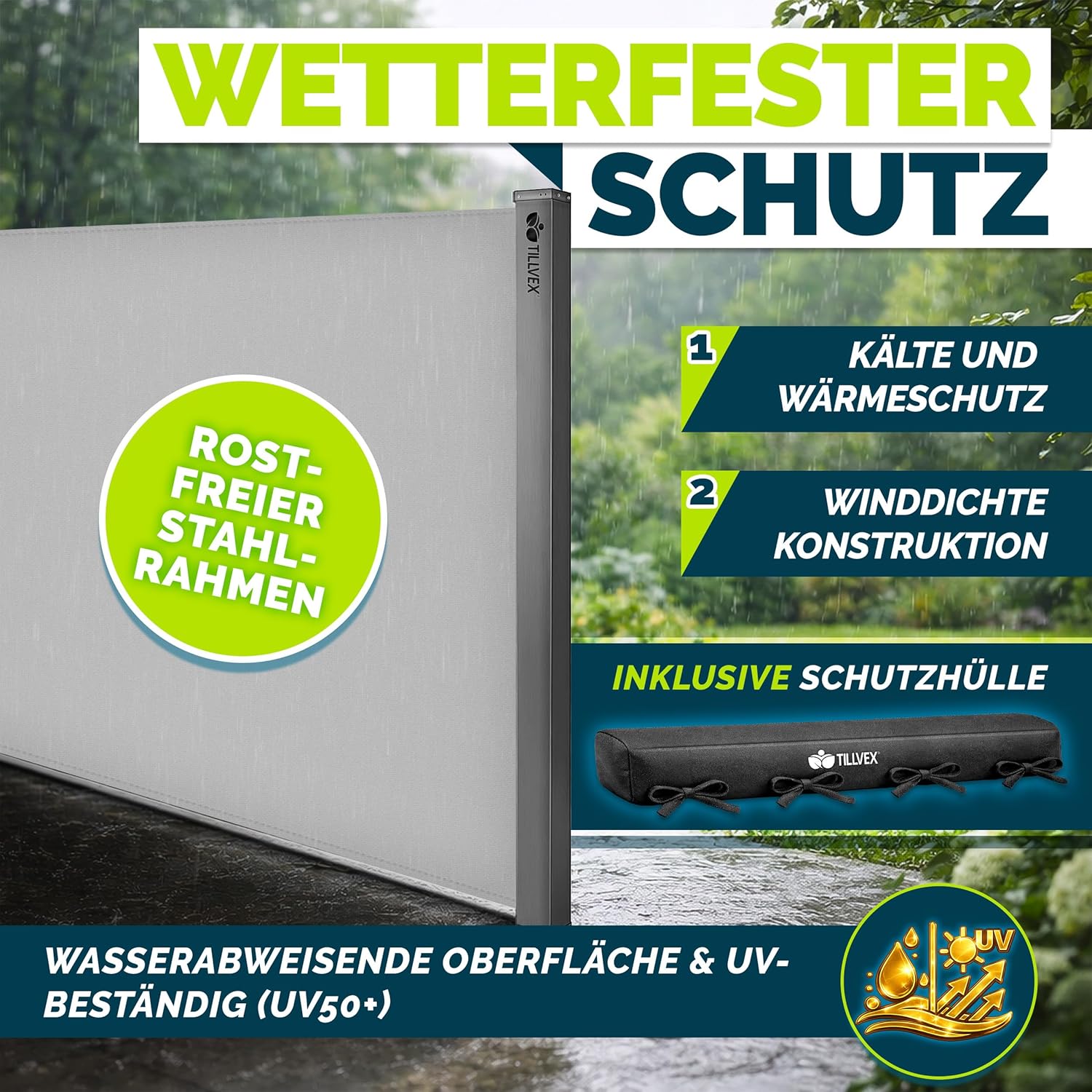 Thumbnail 4 de tillvex® Seitenmarkise 160 x 350 cm ausziehbar mit Regencover – blickdichtes Seitenrollo für Balkon & Terrasse