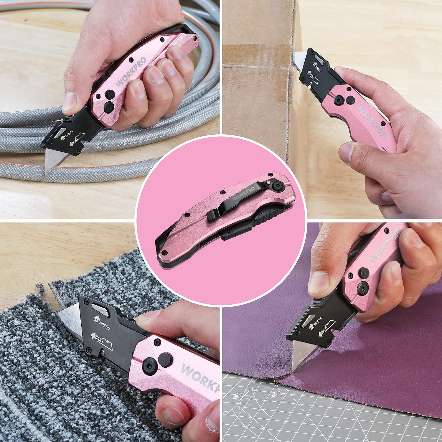 Thumbnail 6 de WORKPRO Cutter Professionnel Pliant rose avec mécanisme de changement rapide et 10 lames SK5
