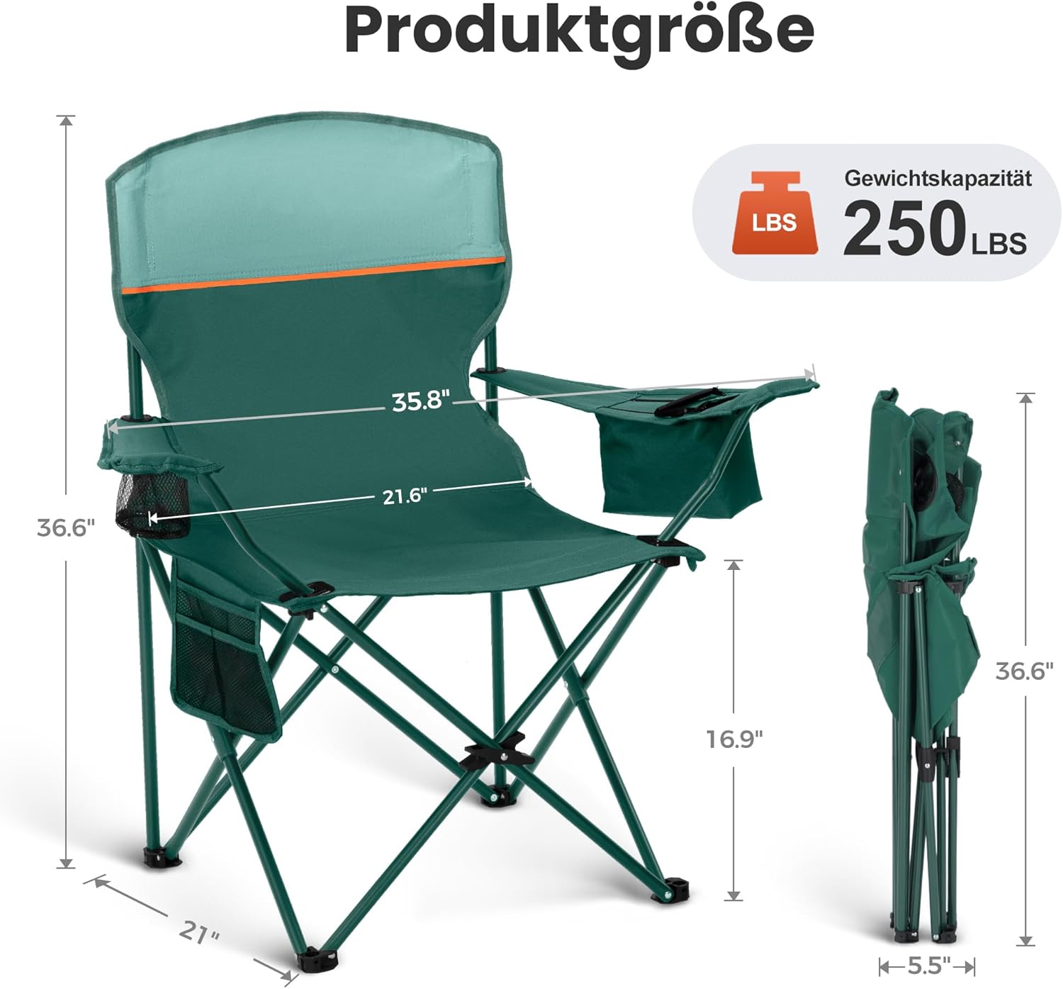 Thumbnail 2 de HIGH POINT SPORTS Sedia da campeggio pieghevole da esterno, set da 2 con braccioli (verde) fino a 102 kg