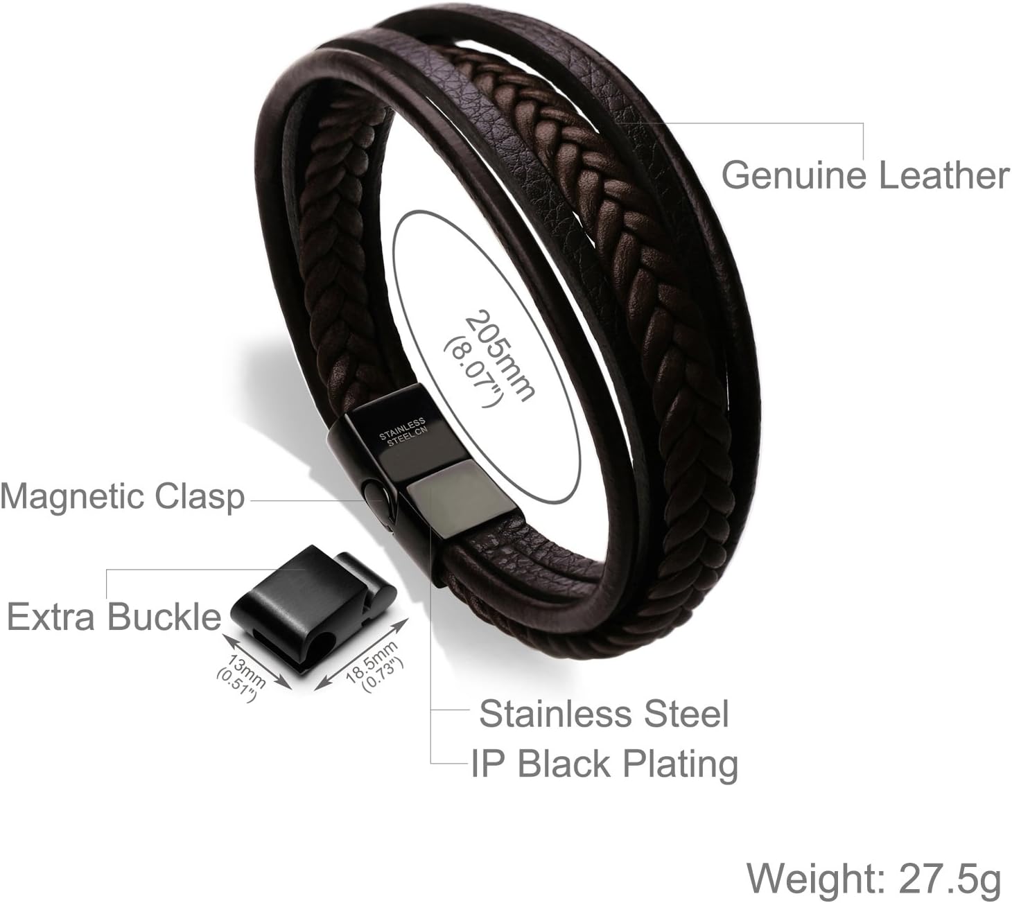 Thumbnail 2 de murtoo Herrenarmband Edelstahl Echtleder Naturstein – Geflochtene Manschette mit Magnetverschluss