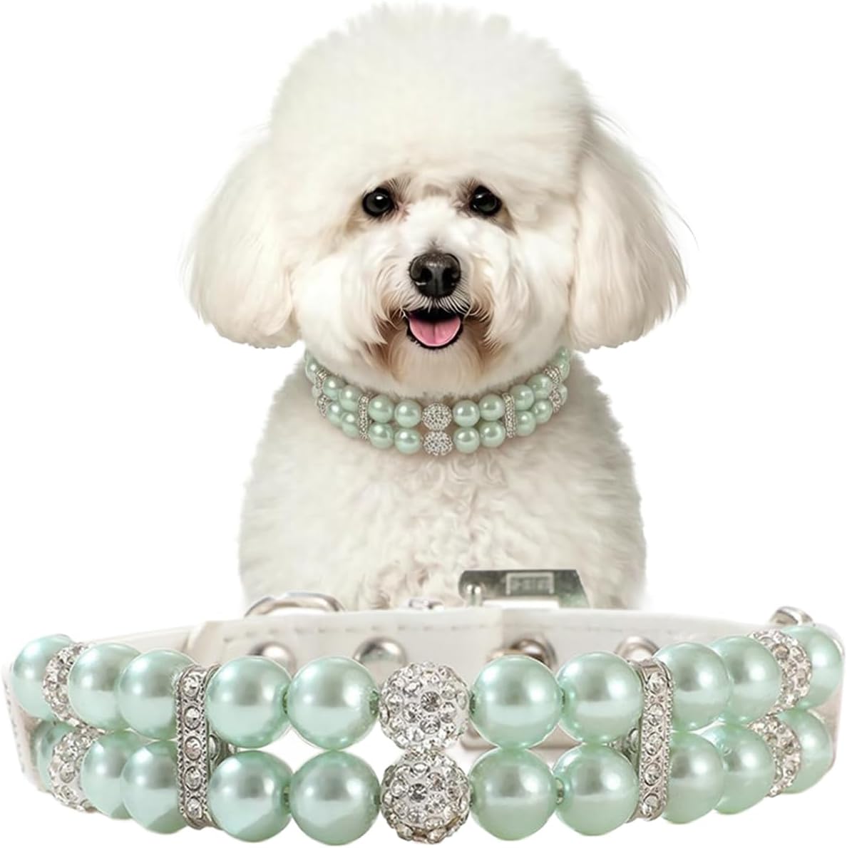 Detalle de Pearl Dog Collar for Small Dogs – PU Leather Beaded Rhinestone Necklace