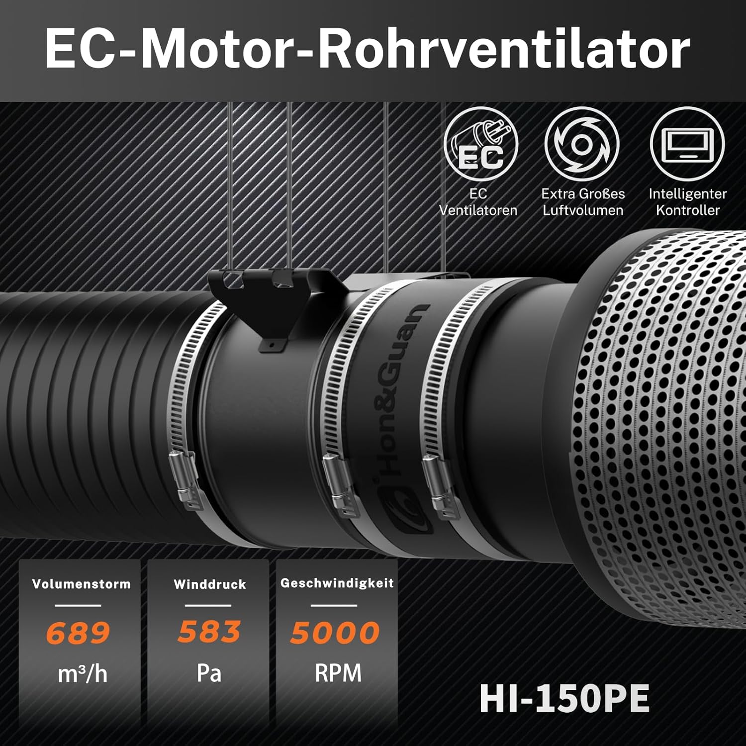 Thumbnail 2 de Hon&Guan Rohrventilator 150mm Regelbar mit EC-Motor – Intelligenter Kontroller, Temperatur- und Feuchtigkeitsregler