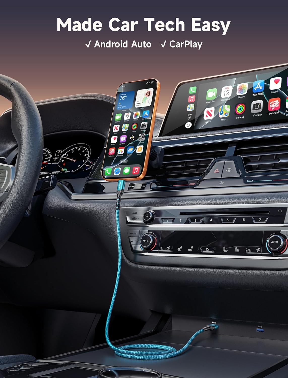 Thumbnail 5 de JSAUX lot de 4 câbles USB Type-C (1 m, 1 m, 2 m, 3 m) charge rapide 3 A et transfert données