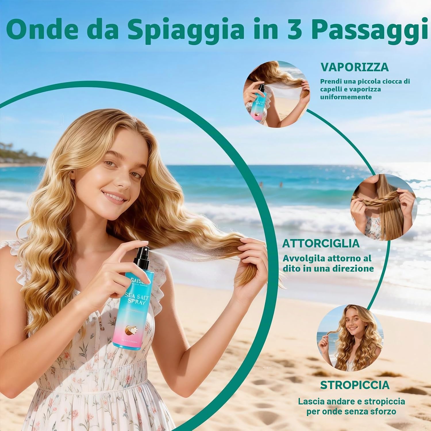 Detalle de SAISZE Spray al sale marino per capelli: viaggio e spiaggia con finish leggero al cocco