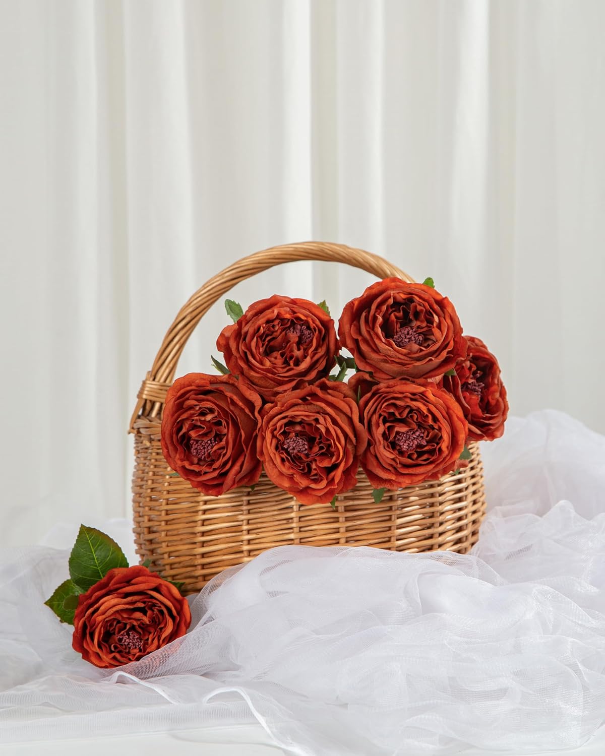 Thumbnail 3 de DuHouse 5 silk roses with real-touch petals (burnt orange) for wedding, home and DIY arrangements