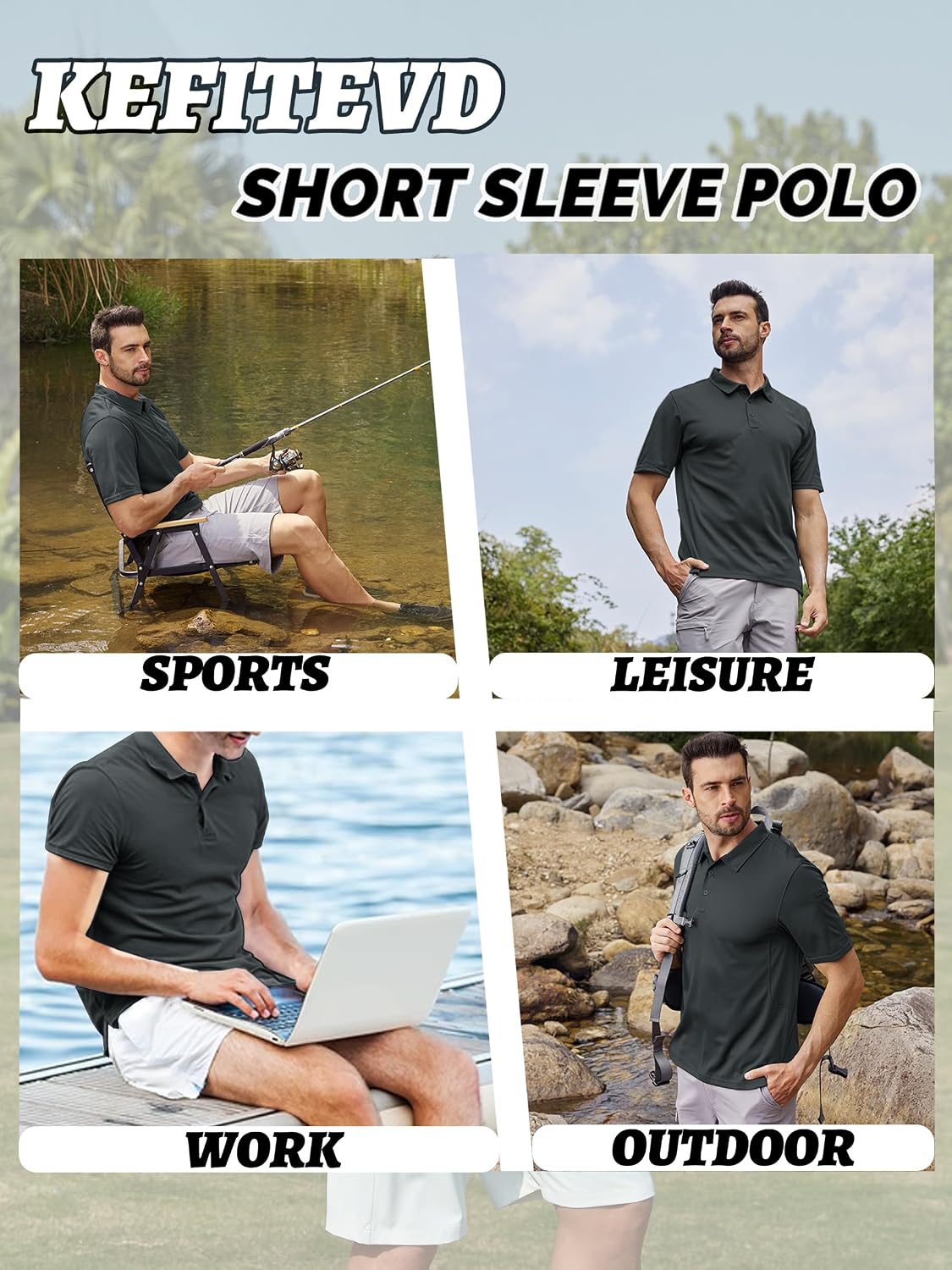 Thumbnail 5 de Polo homme KEFITEVD à séchage rapide en polyester piqué (manches courtes) pour activités d’été