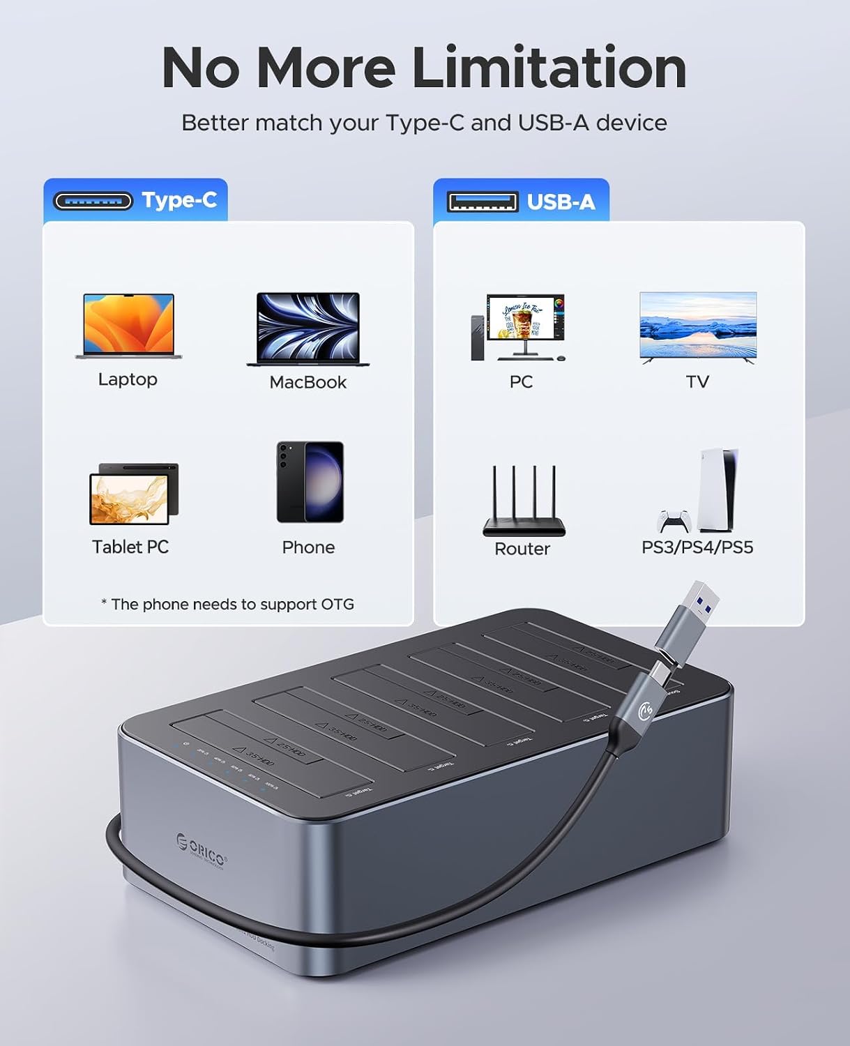 Detalle de ORICO Aluminium Clone HDD Docking Station, 5 Bay – USB 3.2 Gen 1, bis zu 5 x 20 TB, Offline-Klonen