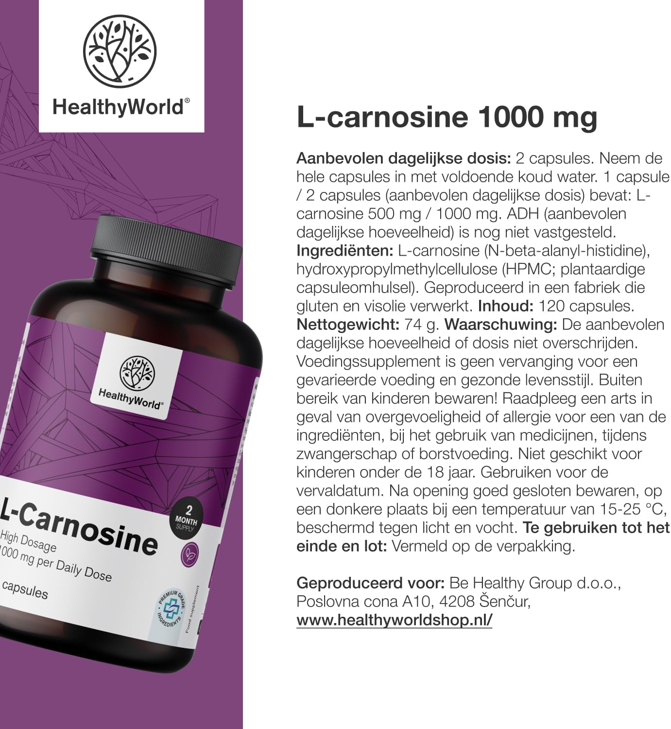 Detalle 2 de HealthyWorld L-Carnosine 1.000 mg, 120 plantaardige capsules