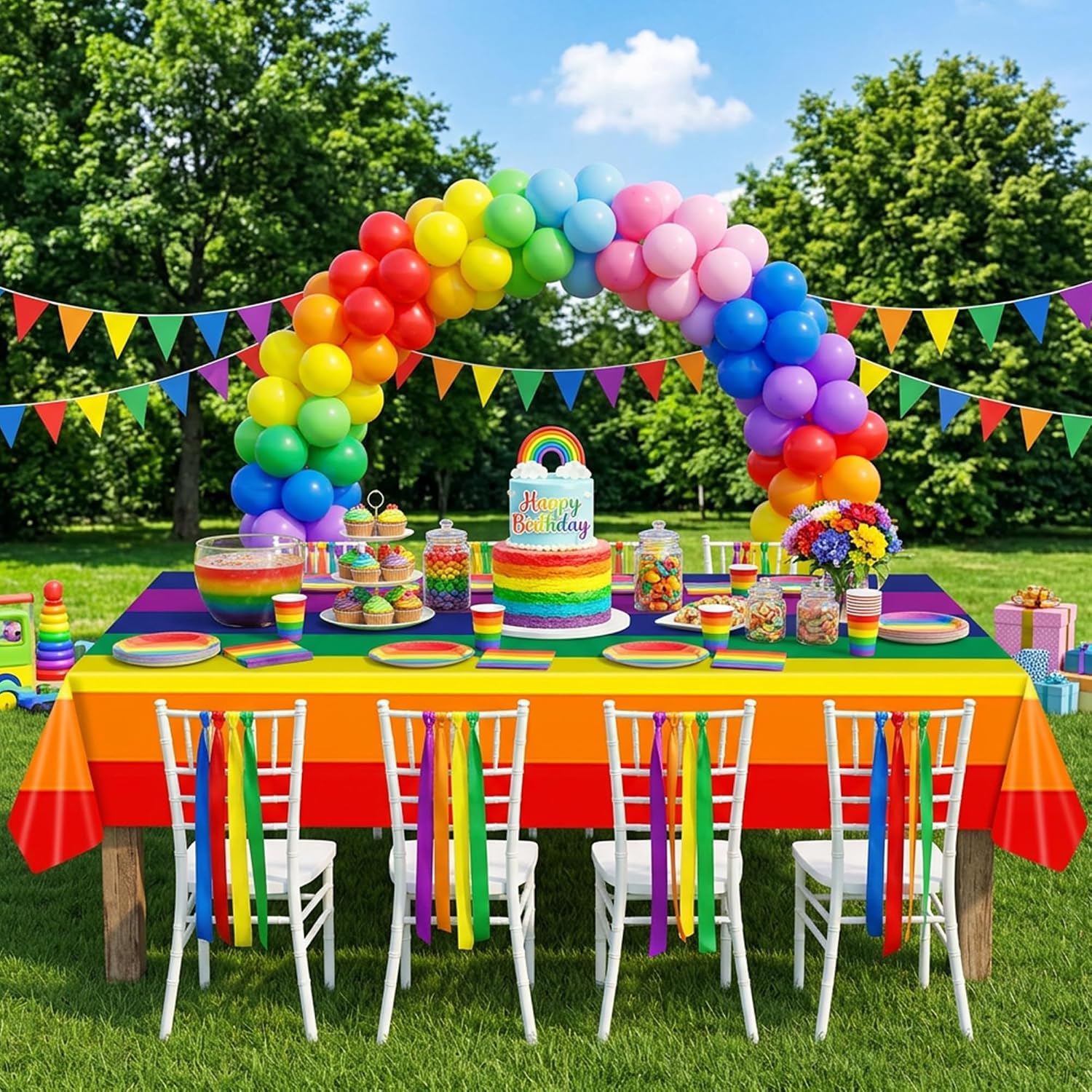 Thumbnail 6 de Everglit Rainbow Stripe Disposable Tablecloth, 137 × 274 cm, 2-Pack