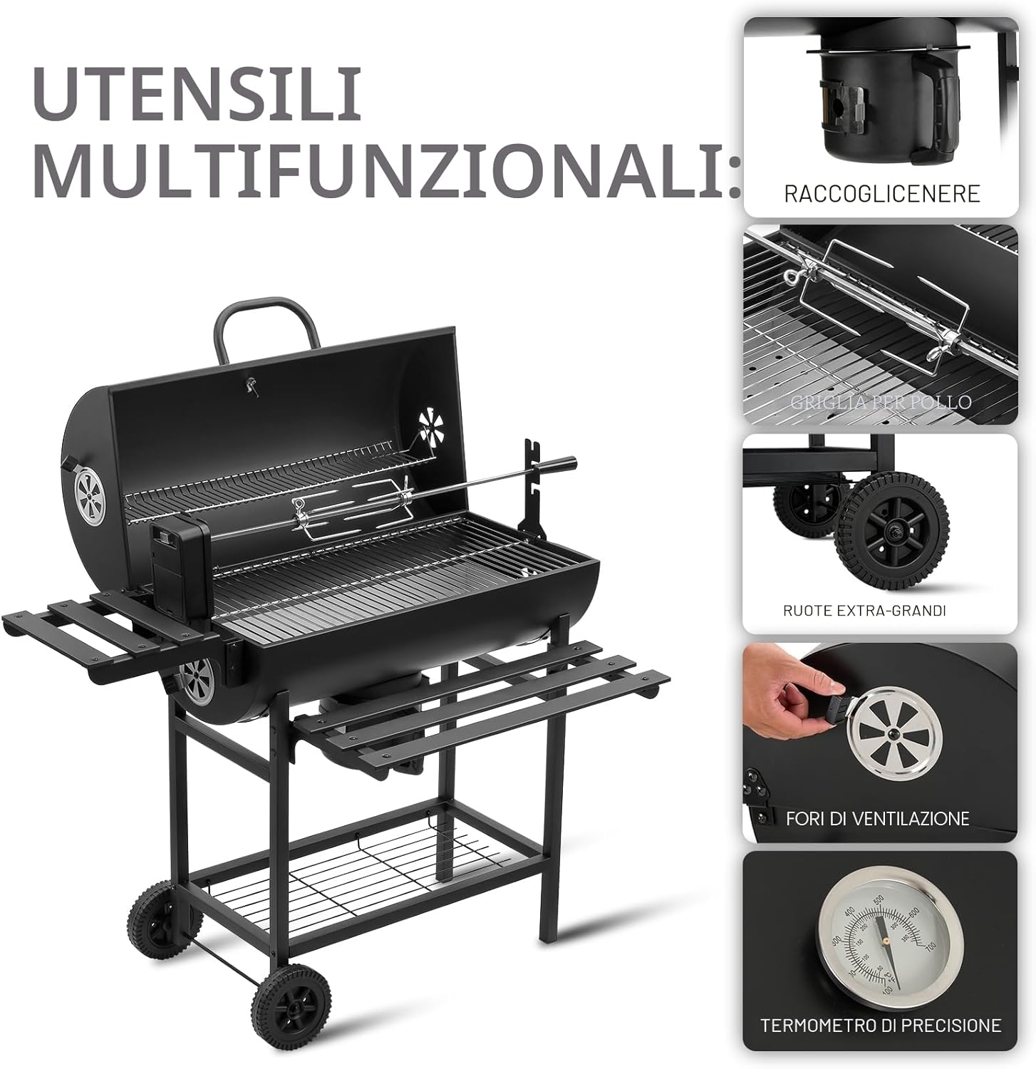 Detalle de TEENO Barbecue a carbonella XXL con griglia 70x35 cm, termometro e cassetto cenere