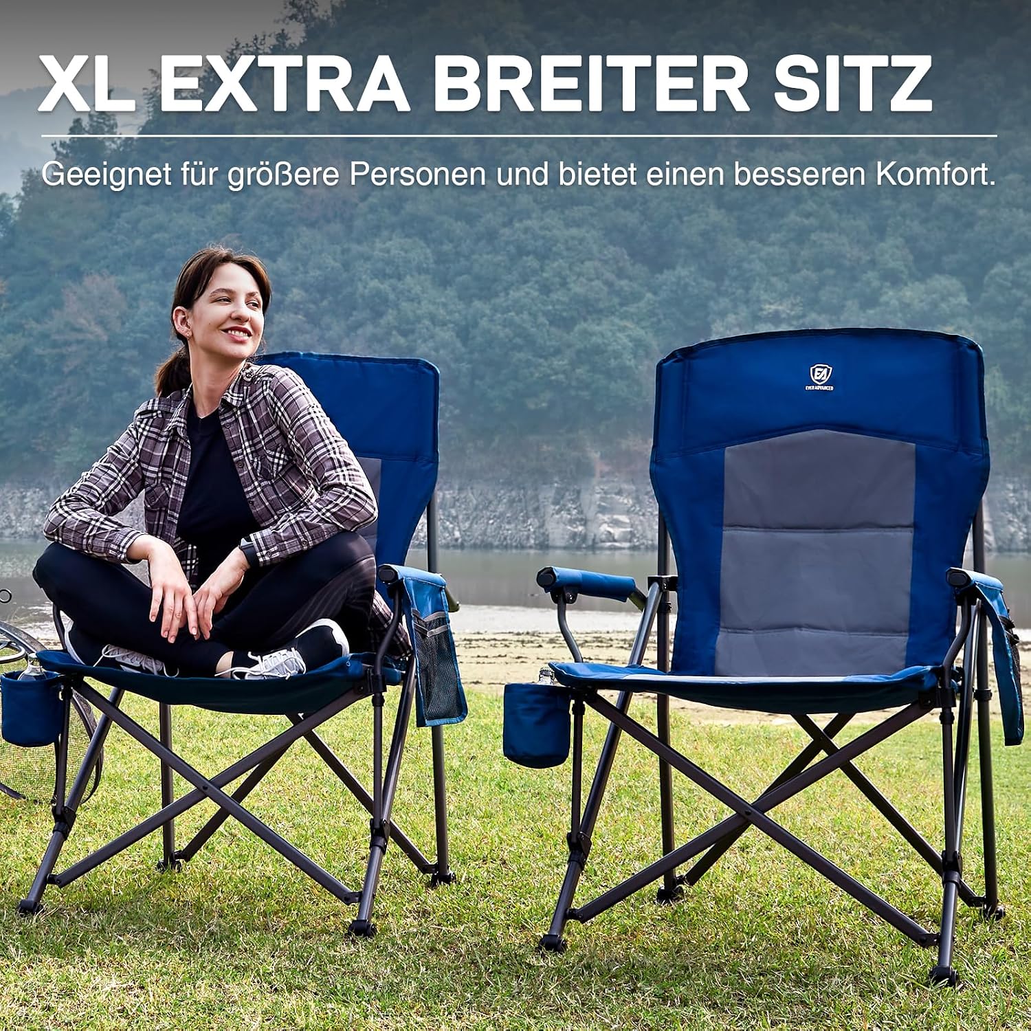 Detalle de EVER ADVANCED faltbarer Campingstuhl XL bis 230 kg – mit Seitentasche & Getränkehalter