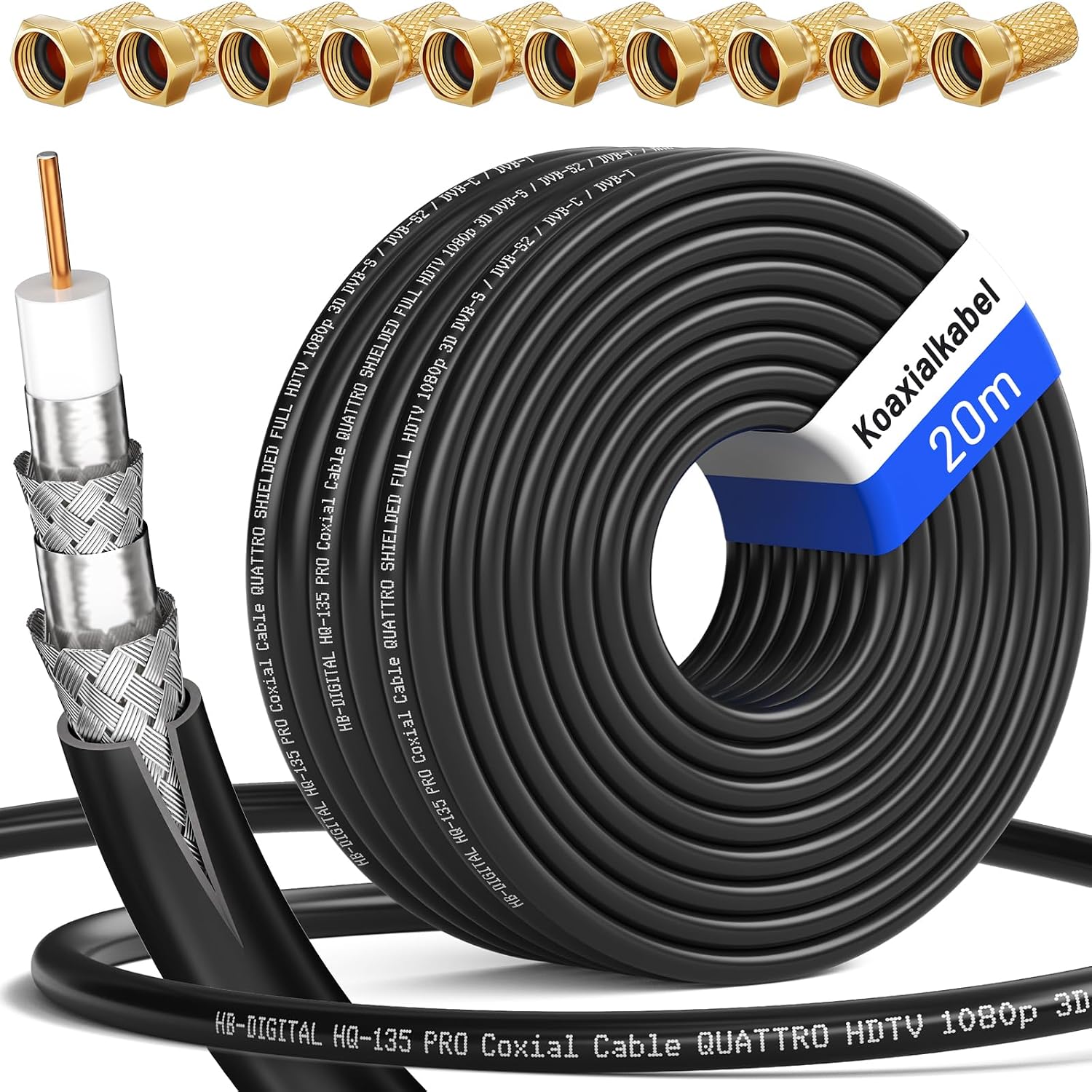 HB-DIGITAL 20m SAT Koaxialkabel 135 dB Schirmung – 8K/4K UHD, 4-Fach geschirmt, inkl. F-Stecker