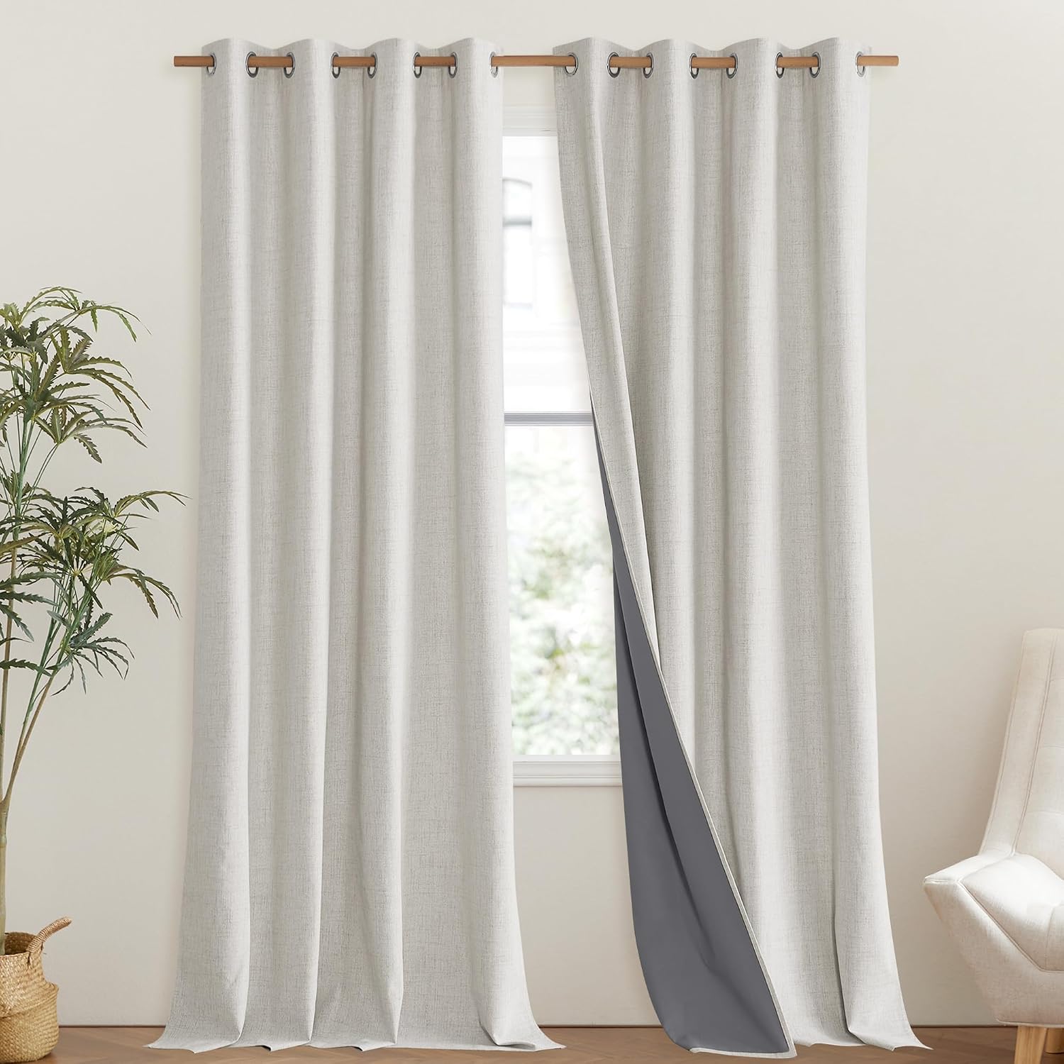 Detalle 2 de NICETOWN Snowbound Vintage Linen 100% Blackout Curtains – 2 Panels, 52" W x 102" L, 104" Total Width, Noise-Reducing Thermal Drapes