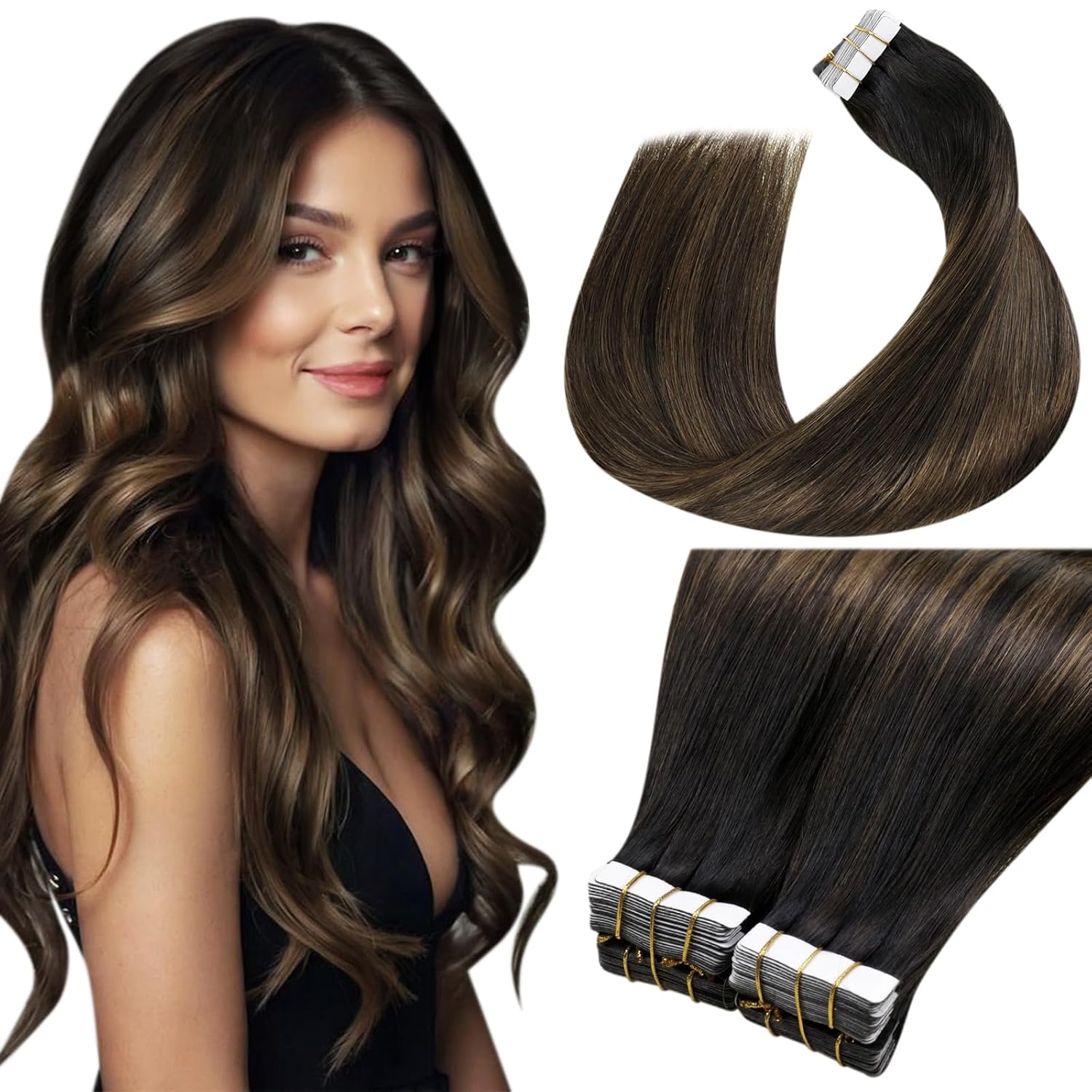 Detalle de LaaVoo Tape-in Echthaar Extensions 55 cm, 100 g Ombre #2/8/2 (40 Strähnen)