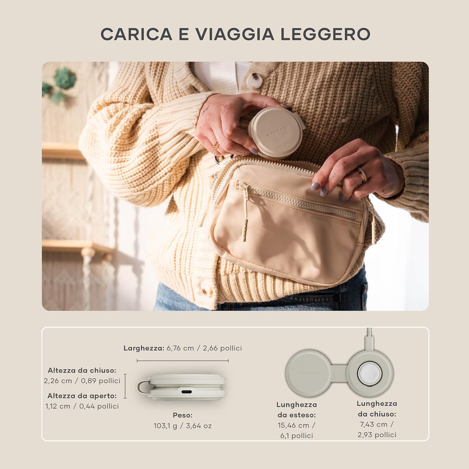 Detalle de SATECHI OntheGo 2-in-1 Caricatore Wireless Pieghevole Qi2 15W/5W per iPhone, Apple Watch e AirPods – Beige