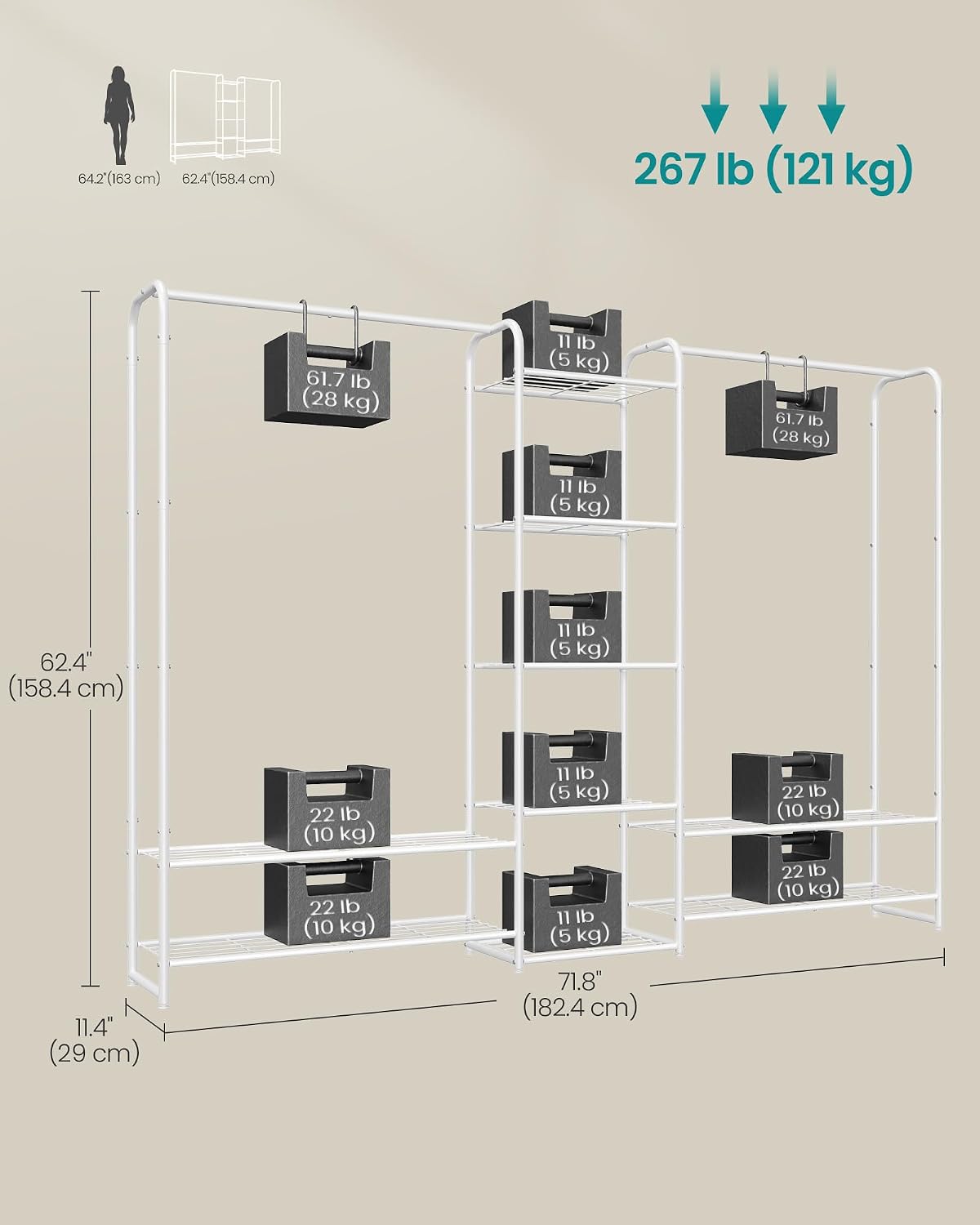 Detalle 2 de SONGMICS PATAYE LGR463W01 Clothes Rail, 9 Shelves, Matte White Steel