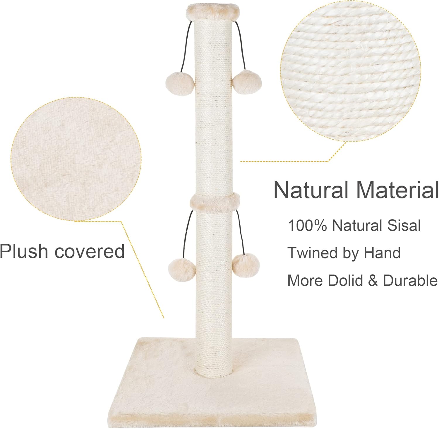 Thumbnail 3 de Dimaka 74 cm Cat Scratching Post with Natural Sisal Rope and 4 Teasing Toy Balls (Beige)