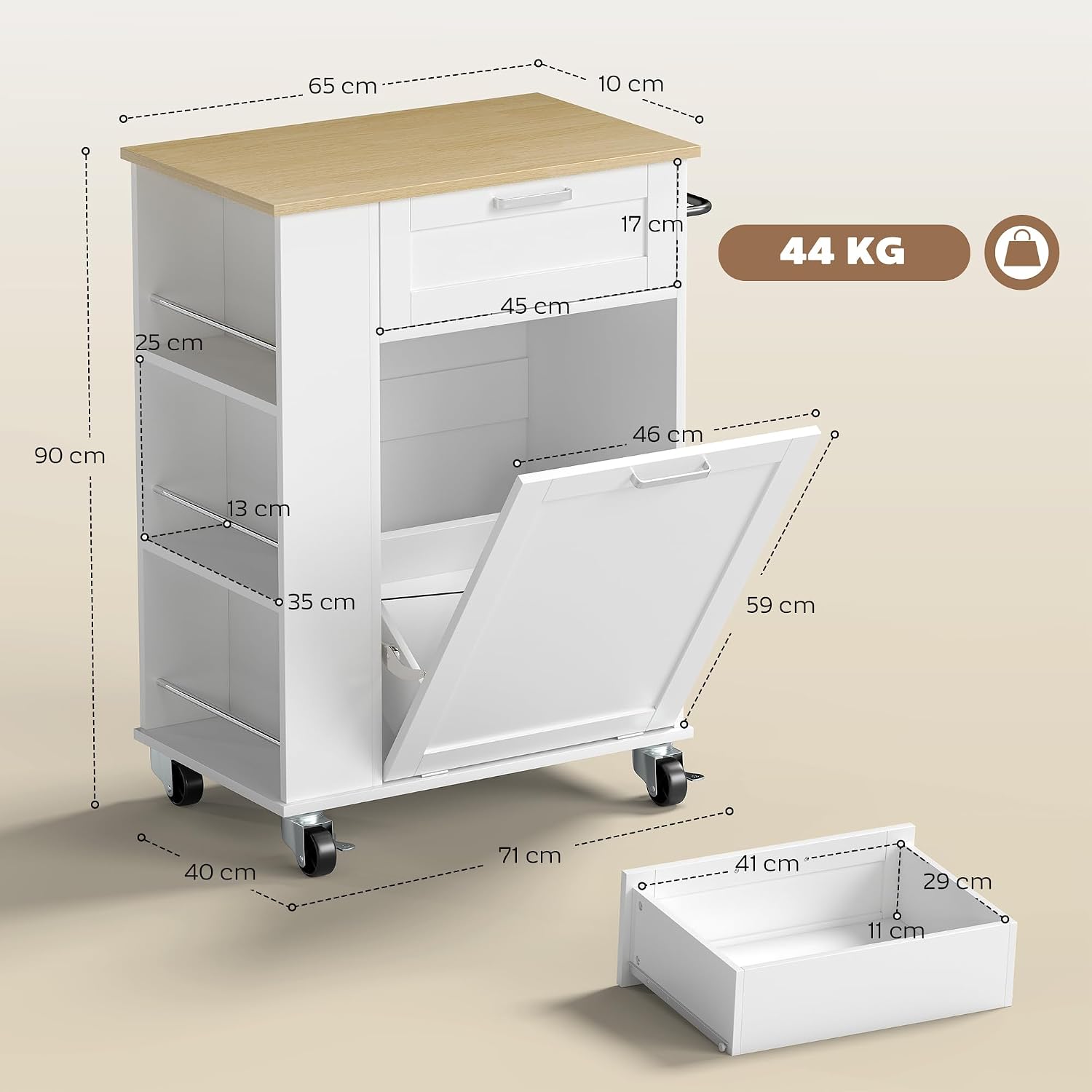 Thumbnail 6 de HOMCOM 801-414V80WT Kitchen Storage Trolley, White, with Tilt-Out Cabinet