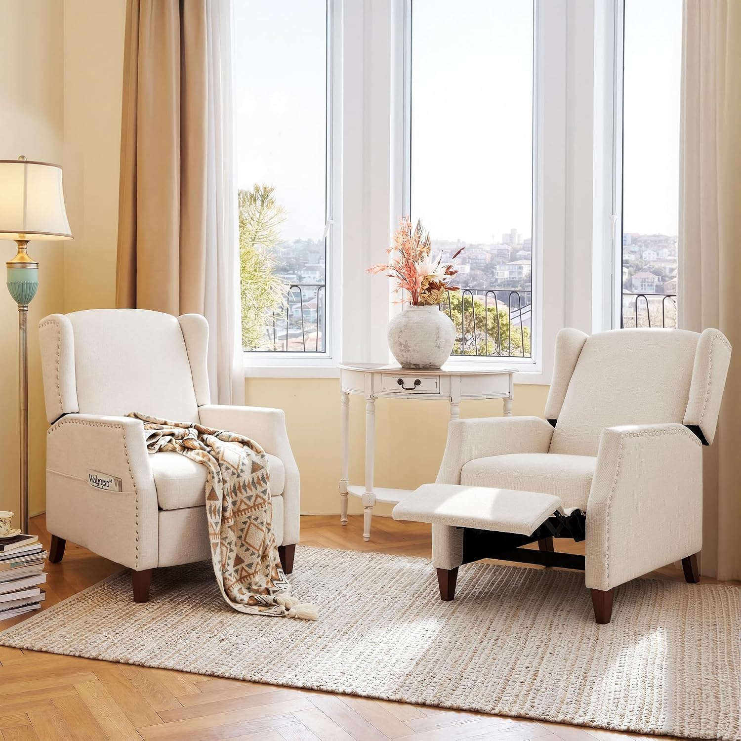 Detalle de COLAMY W502 Wingback Pushback Recliner Chair, Beige Chenille with Side Pocket