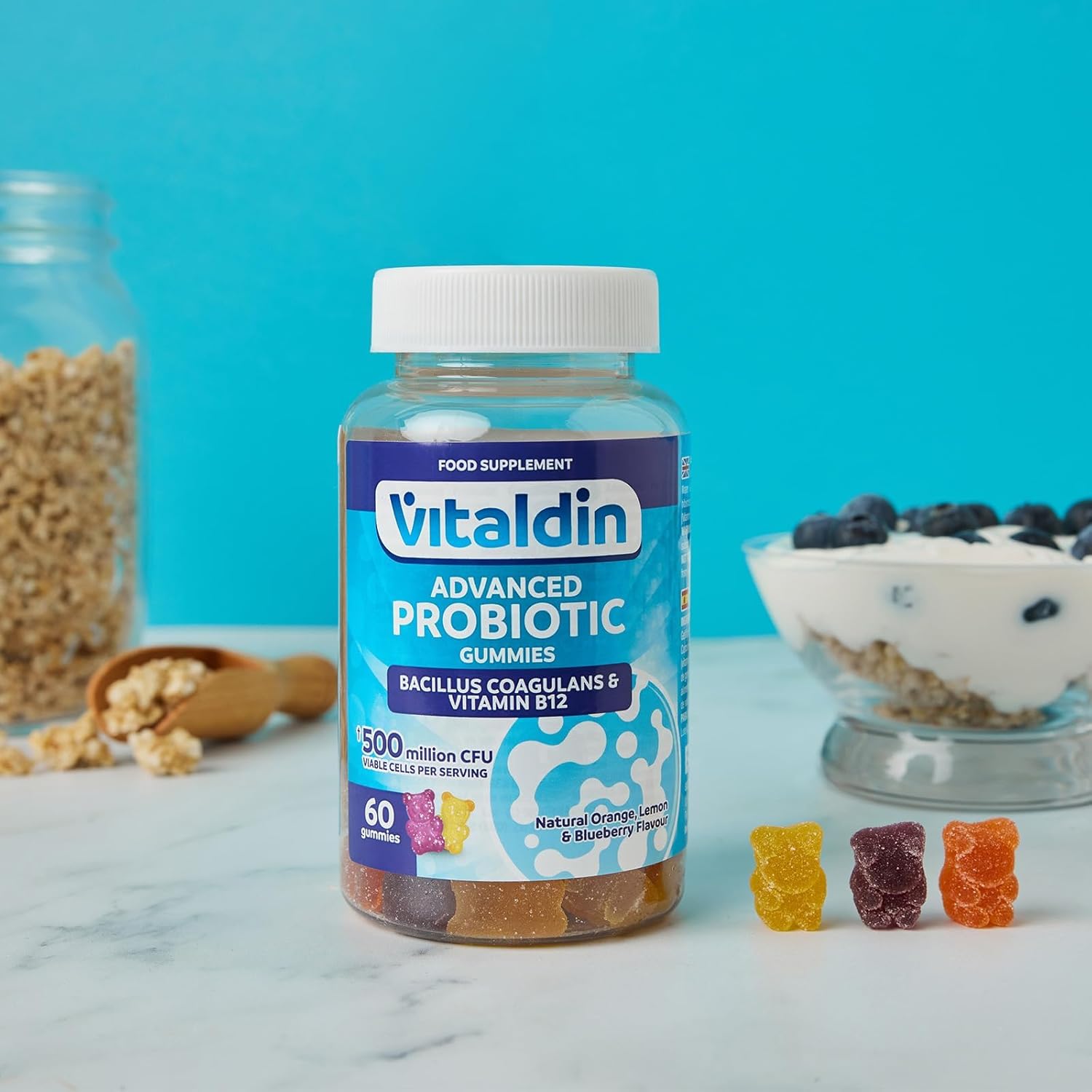 Thumbnail 1 de VITALDIN Probiotique Gummies – 500 millions d'UFC Bacillus Coagulans par dose + Vitamine B12, 60 gommes – saveur Fruits