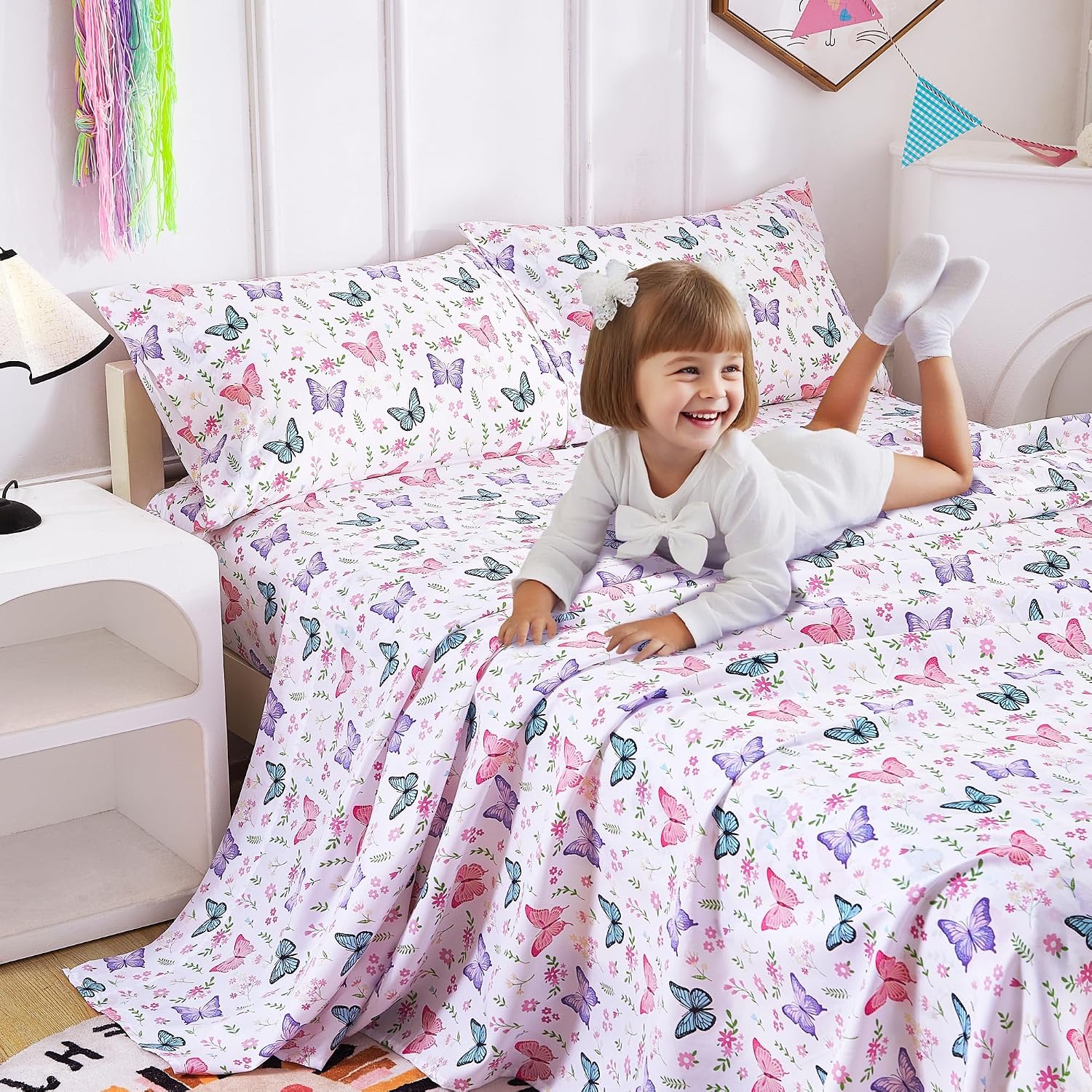 Detalle 2 de Softan Kids Full-Size Bed Sheet Set, Butterfly Bloom, 15" Deep Pocket