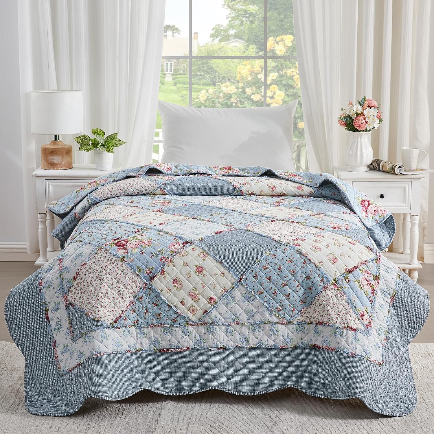 Detalle de Qucover Single Bedspread Quilted Soft Cotton Blue Floral Patchwork