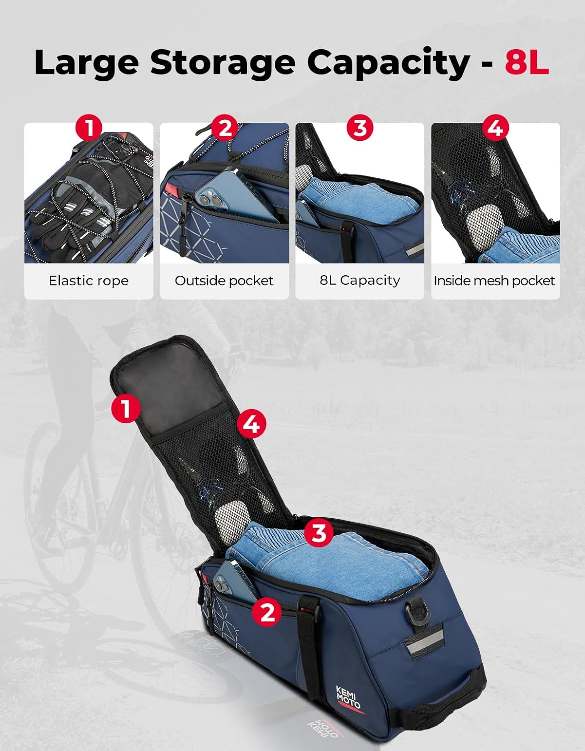 Detalle 2 de KEMIMOTO 2 in 1 Borse per Bici 8L: Borsa posteriore impermeabile in PVC, doppia funzione e portabilità