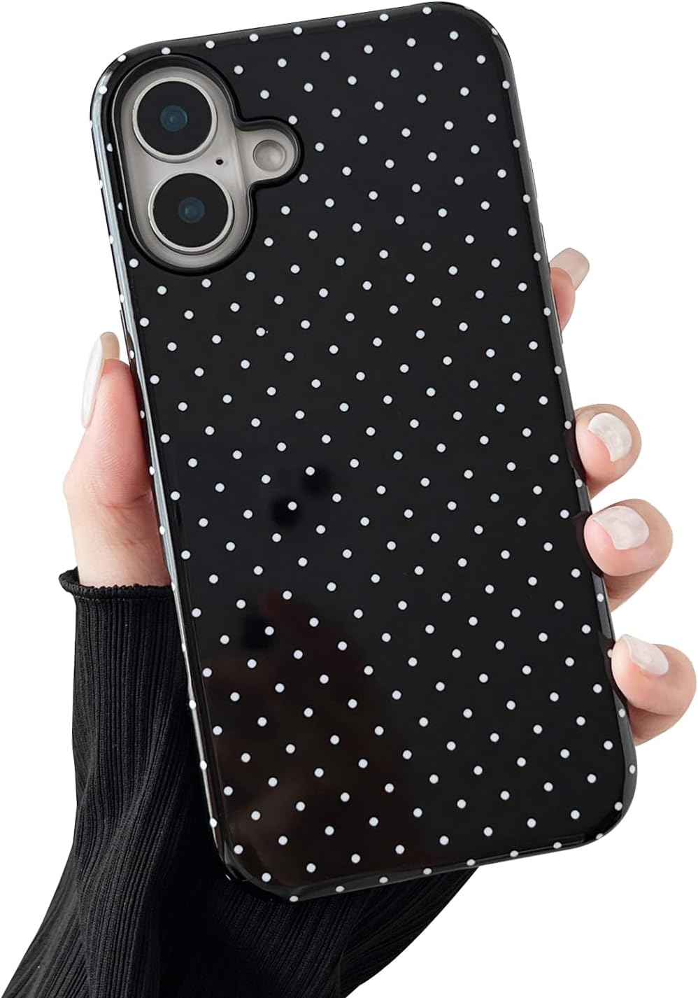 Detalle de Sayoaho iPhone 16 Plus Case, Black Polka Dot, Soft TPU Edge and PC Back
