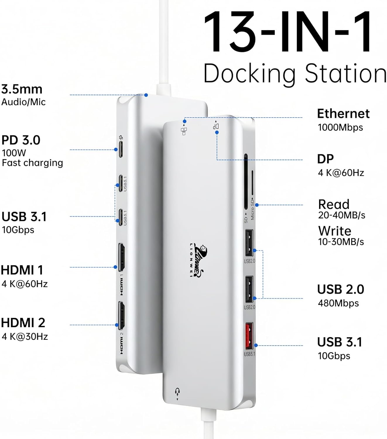 Thumbnail 1 de USB C Docking Station Dual Monitor: 13-in-1 USB-C Hub mit 2 HDMI, DisplayPort, 5 USB-C/A, Ethernet, 100W PD, SD/TF – Silber