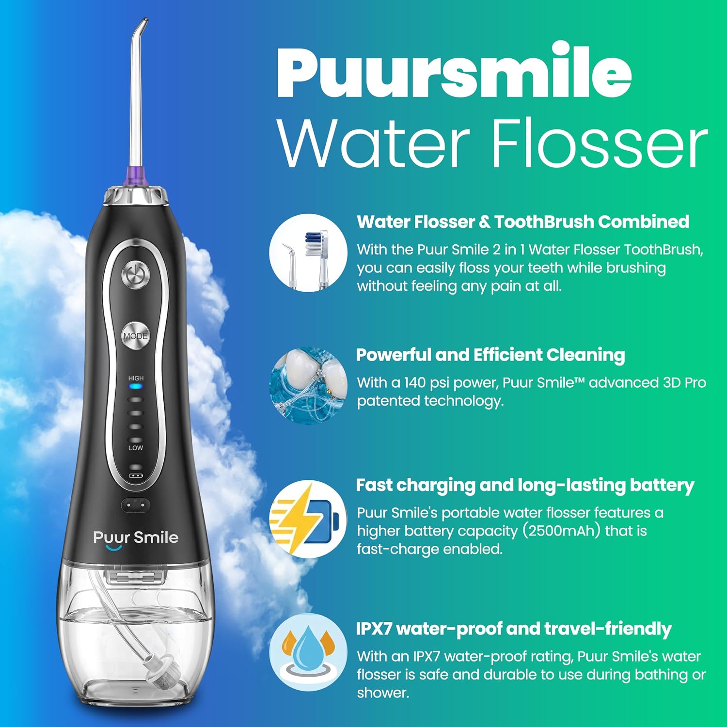 Detalle de Portable Water Flosser Cordless by Puur Smile: Advanced Dental Care in a Travel-Friendly Package