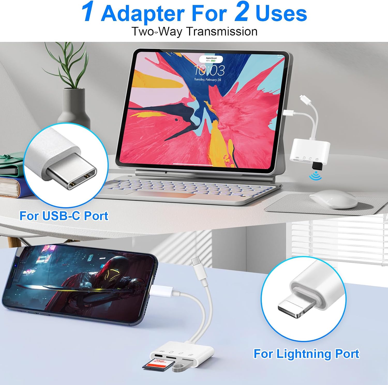 Detalle de 5-in-1 SD Kartenleser für iPhone & Android – Lightning/USB‑C, USB OTG, SD/TF, Ladefunktion