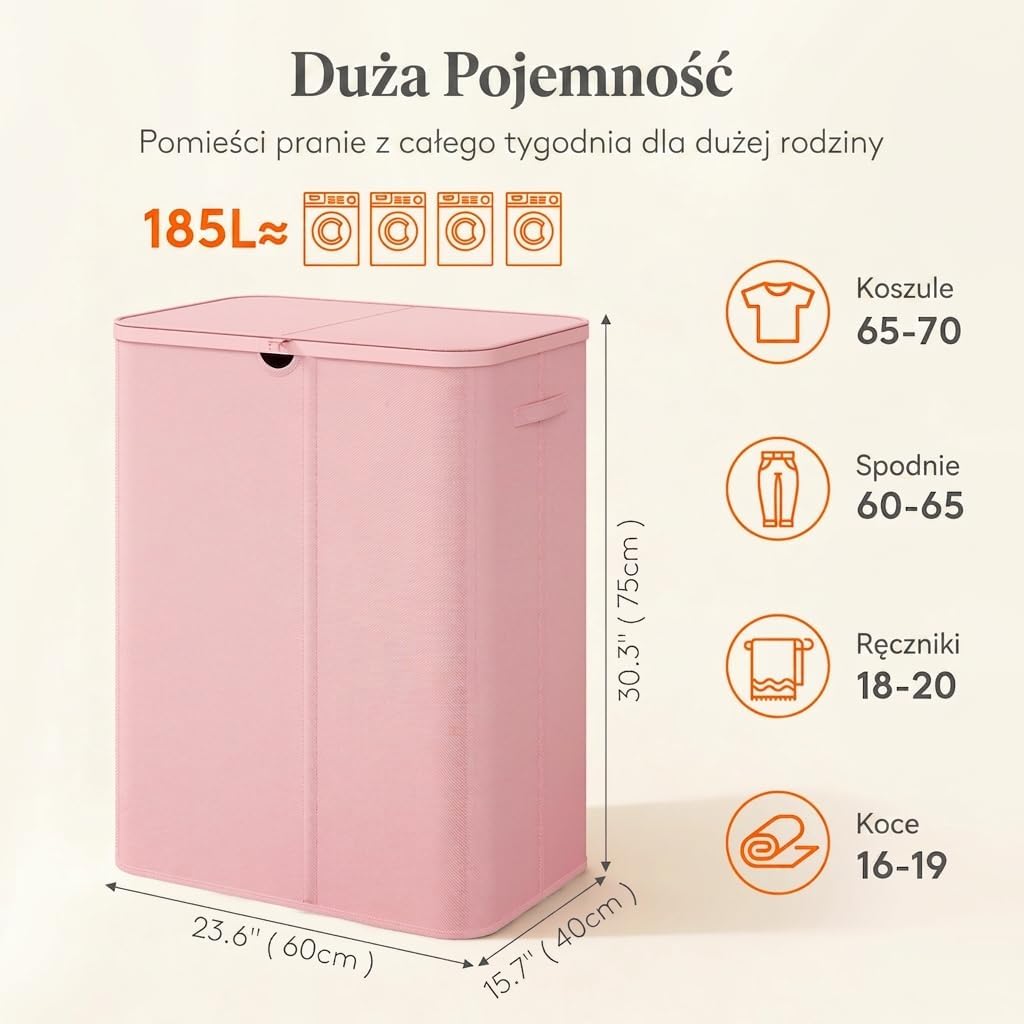 Detalle de Lifewit 24598 – składany kosz na pranie 185 l, 3 komory, pokrywa, różowy