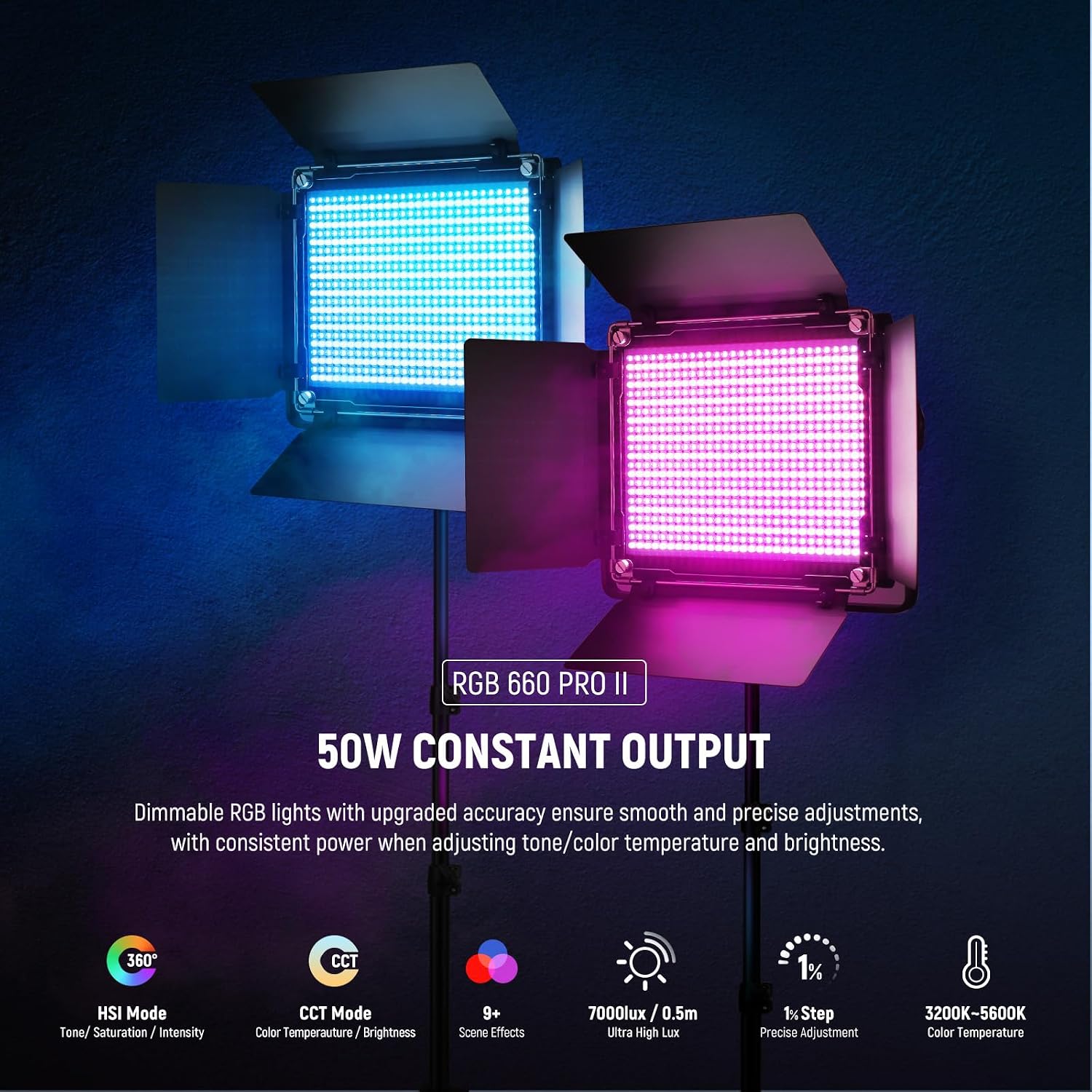 Thumbnail 1 de NEEWER RGB660 PRO II Upgraded RGB LED Studio Video Light Kit with Tripod Stand (50W, CRI97+, 3200–5600K, App Control)