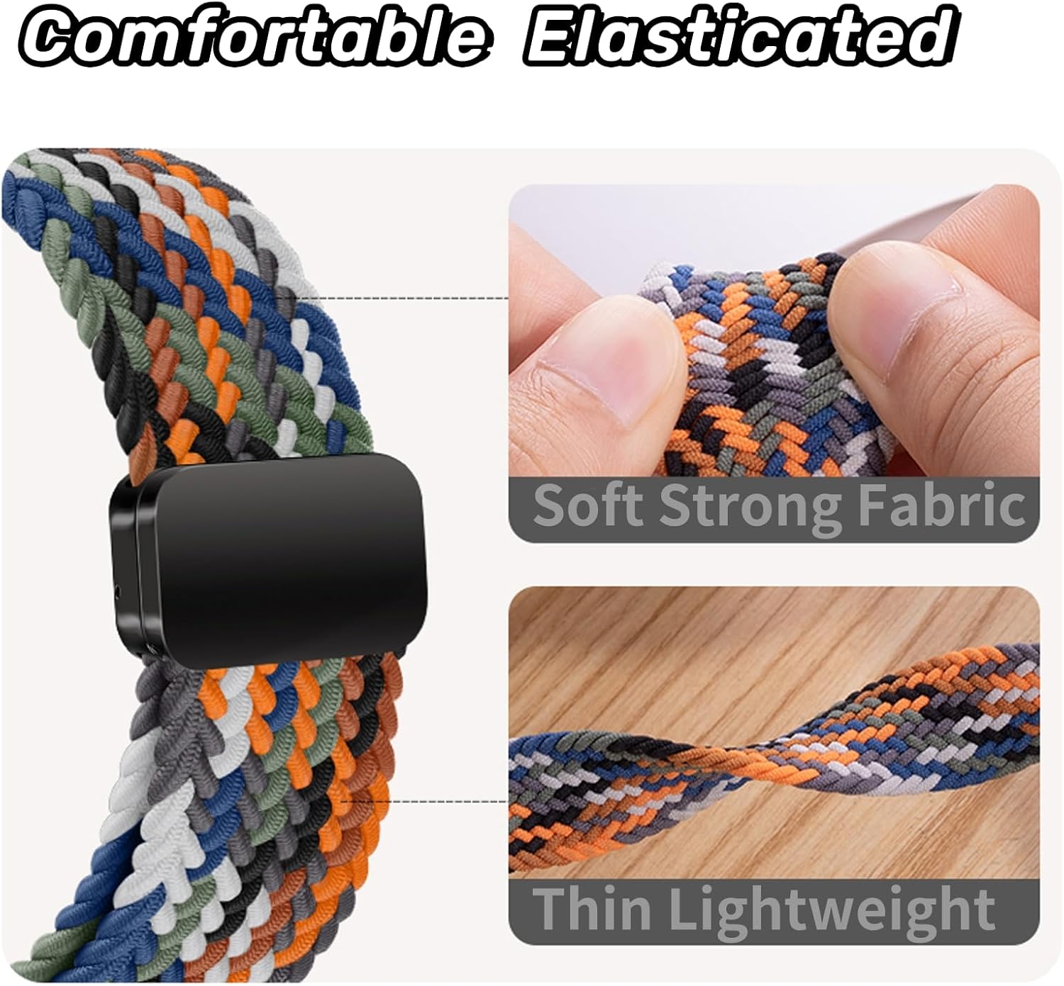 Detalle de Elasticated Magnetic Nylon Apple Watch Strap — 38–49mm, adjustable 14–21 cm