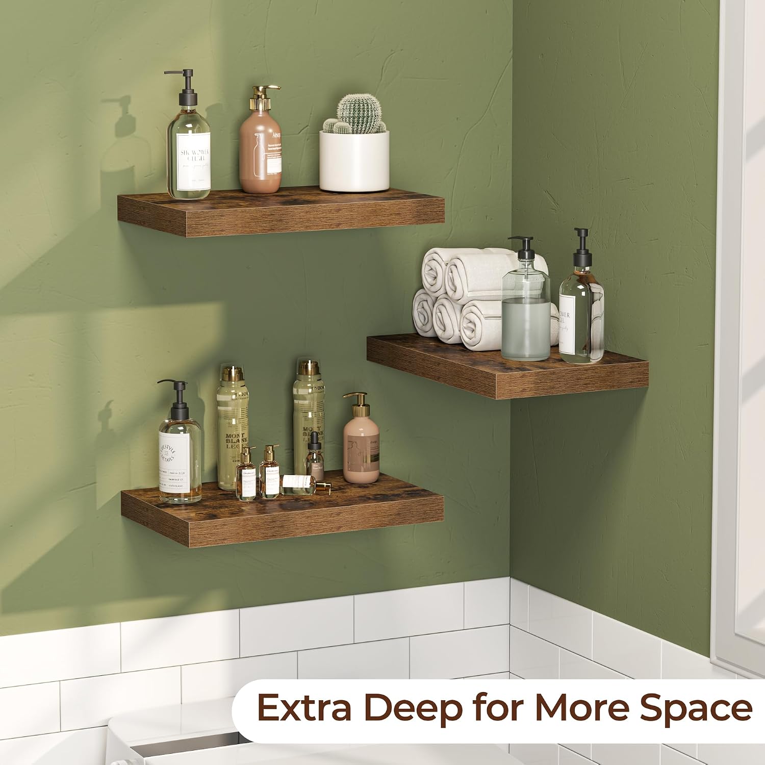 Detalle 2 de Fun Memories FS-MDF62 16-Inch Floating Shelves, 8-Inch Deep, Brown, 3-Pack