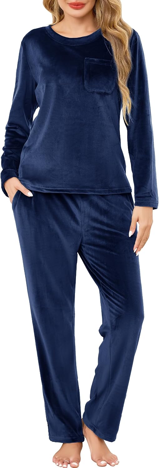 Detalle de Lovasy Women’s Warm Fleece Pyjamas Set with Pockets (Long Sleeve, V-neck)