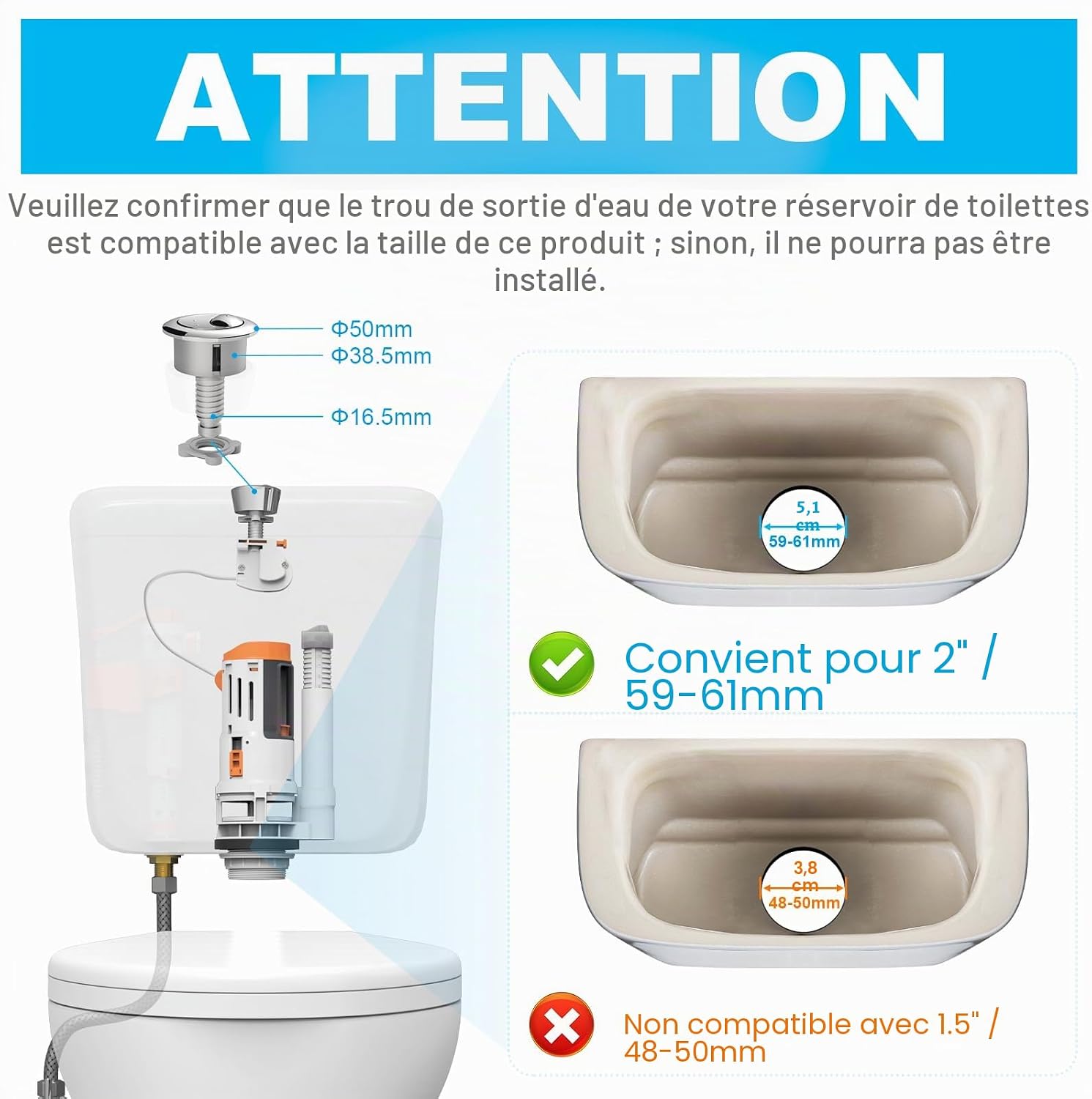 Detalle de Ibergrif M20522 – Mécanisme WC avec 2 Boutons de Chasse, compatible réservoirs 2 pouces (Φ59-61 mm)