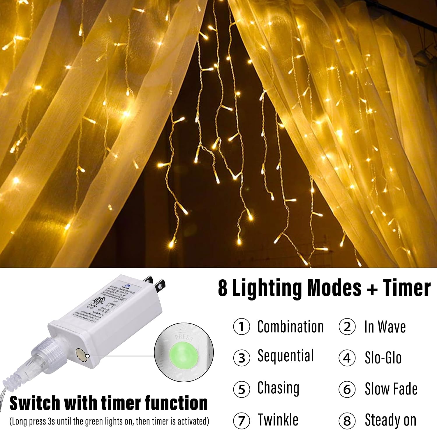Detalle 2 de Joomer SSL0200-I-24V Christmas Icicle Lights, 33 ft Warm White, 50 Drops