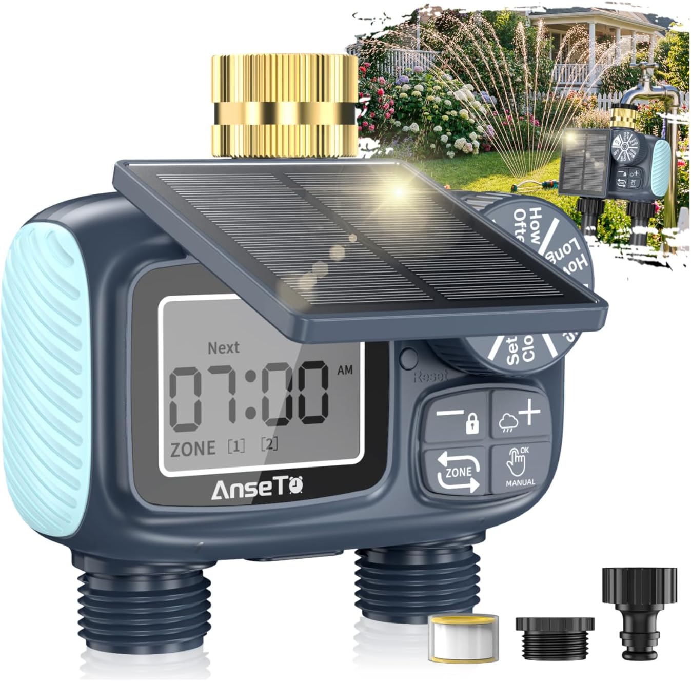 Detalle de AnseTo Timer di Irrigazione Solare con 2 Uscite e pannello regolabile, ricarica USB-C