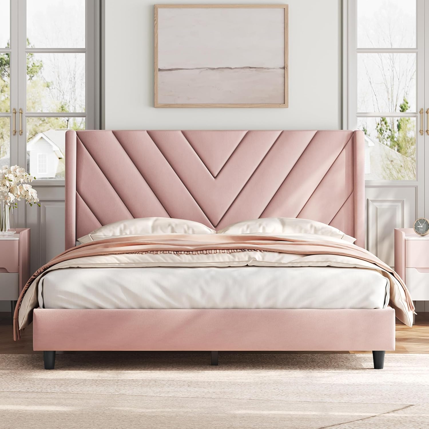 Detalle de Yaheetech YT-00142947 Queen Upholstered Platform Bed Frame, Pink Velvet