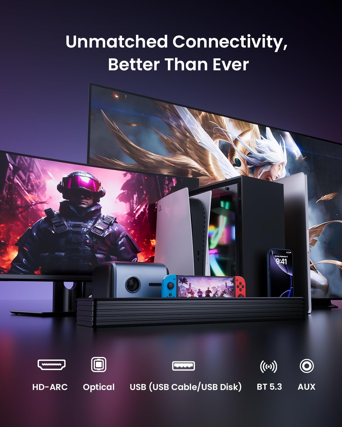 Detalle de MEREDO G38-US 3.1-Channel Soundbar with Wired Subwoofer and RGB Lighting