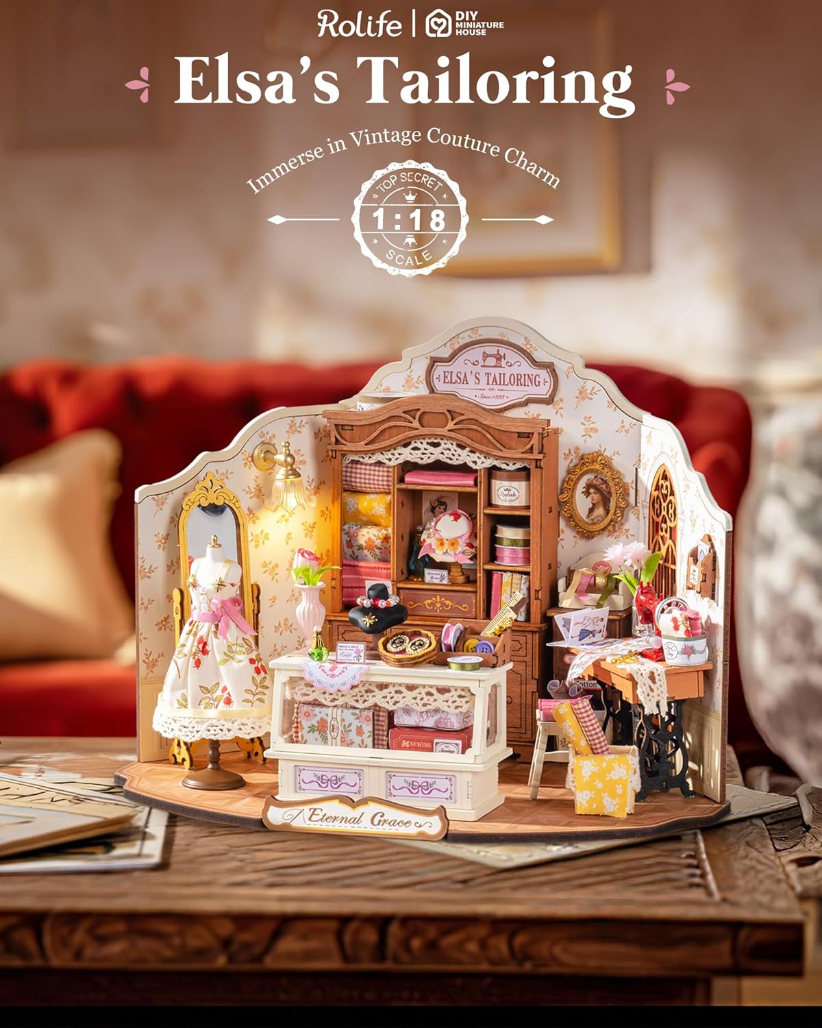 Thumbnail 2 de Kit miniature DIY Rolife Maison de Poupée Atelier de Couture d’Elsa (style vintage rustique) – décoration & veilleuse