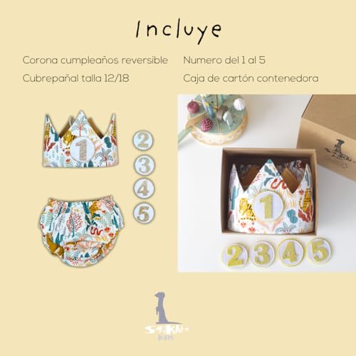 Detalle 2 de Conjunto Cumpleaños 1 año – Regalo bebé Surikatokids: Corona ajustable, Cubrepañal reversible y algodón orgánico