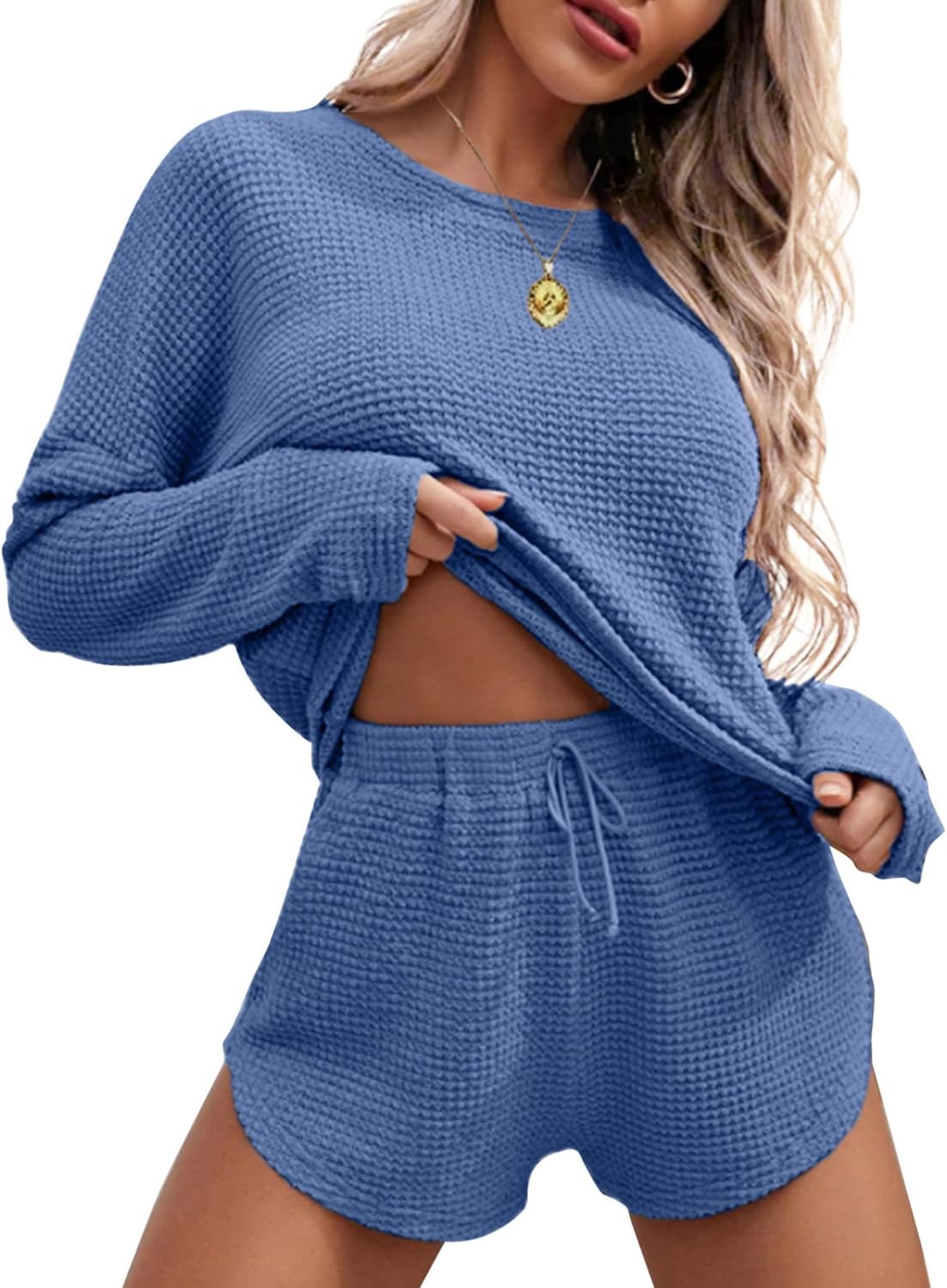 Detalle de Ekouaer Waffle-Knit Pyjama Set with Long-Sleeve Top, Shorts and Pockets