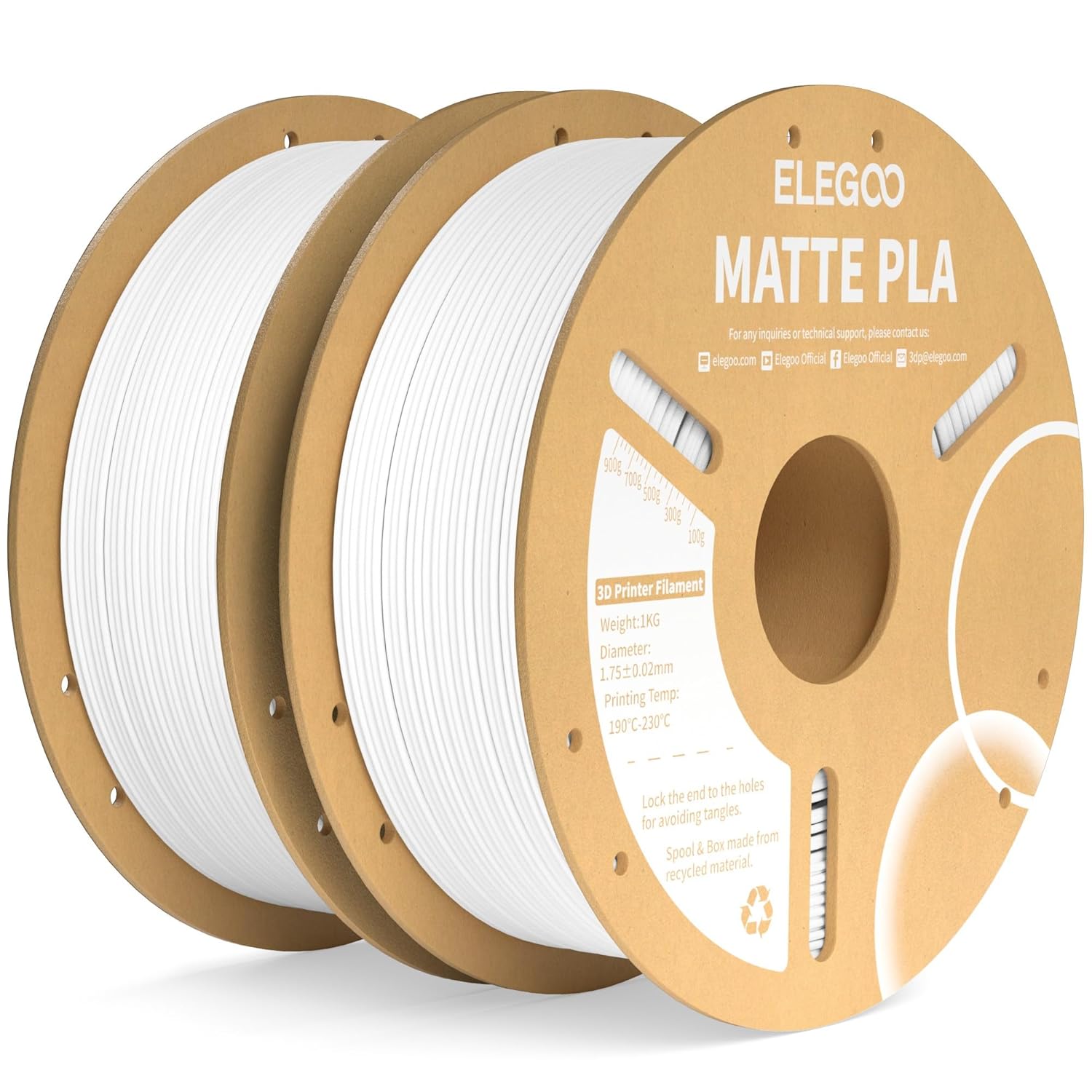 ELEGOO Matte PLA Filament White (2 x 1kg), 1.75mm for most FDM 3D printers