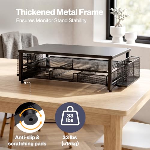 Detalle de Levede Black Metal Monitor Riser with Three-Section Drawer and Pen Holders